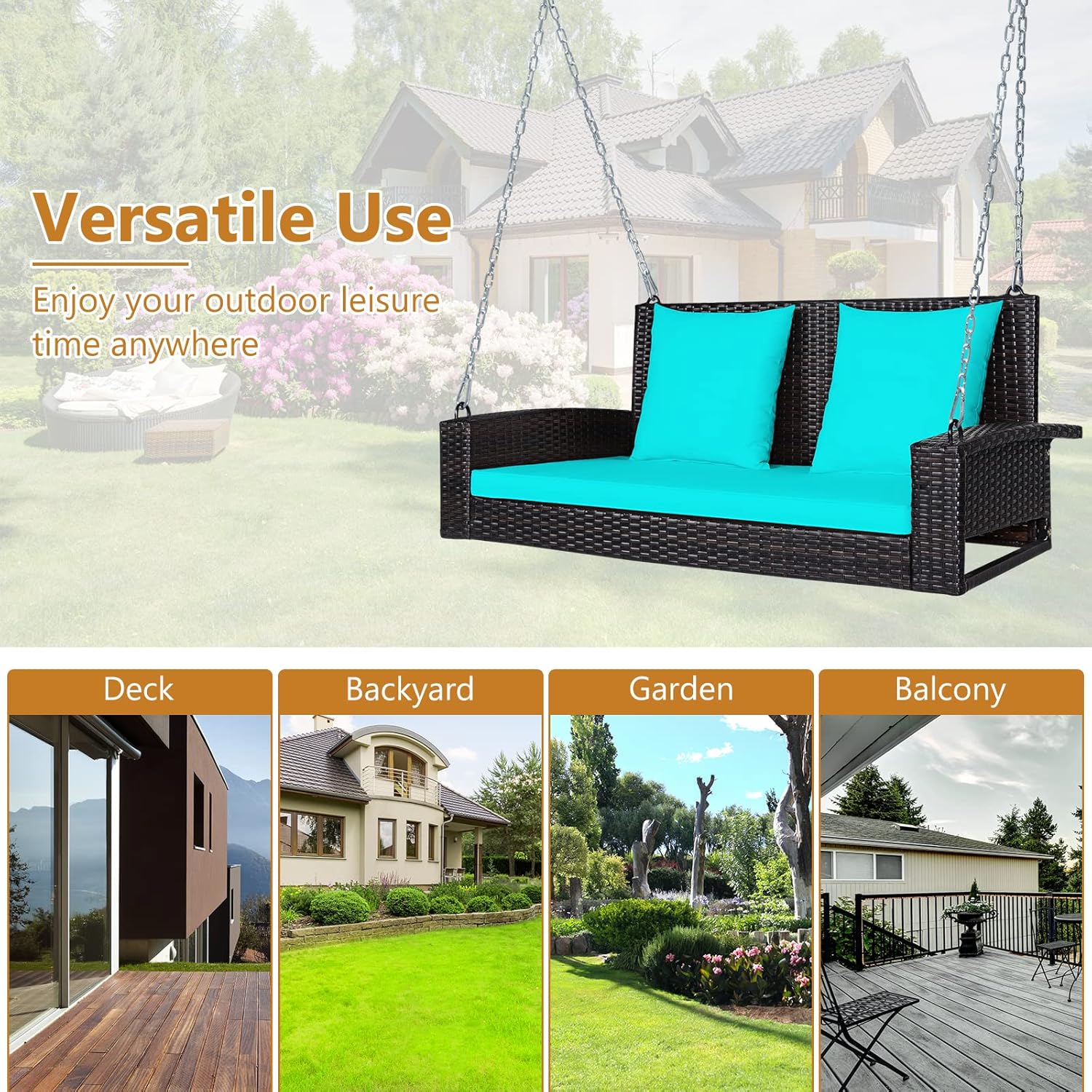 DORTALA Hanging Porch Swing, 2-Person Outdoor Wicker Swing Chair Bench with Cushions, 7.9Ft Steel Chains for Garden, Backyard, Deck & Poolside, Turquoise