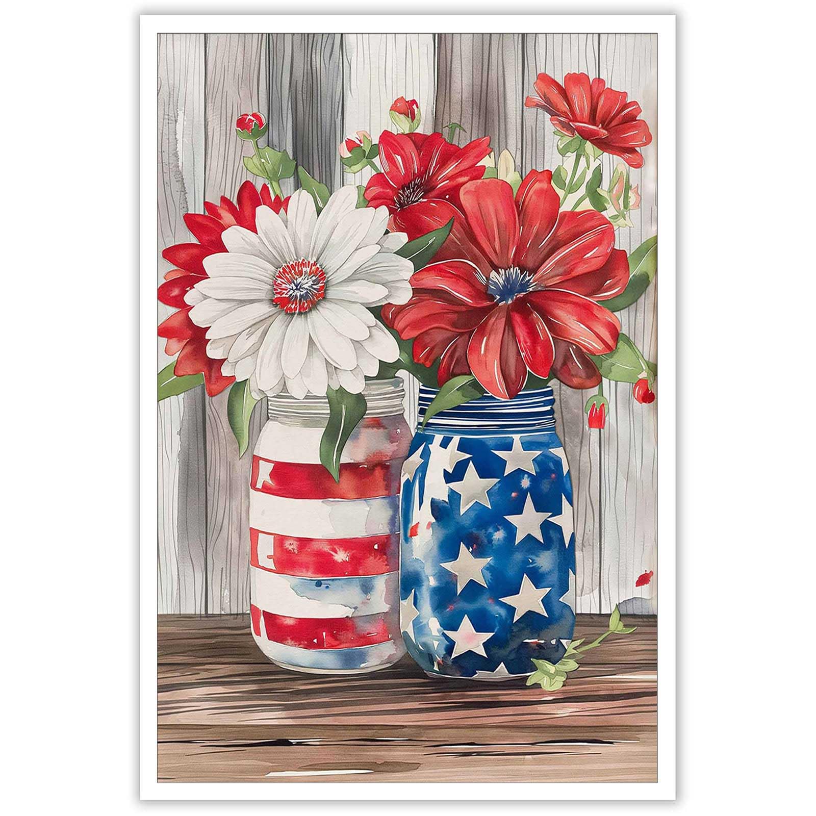 Dcvjiy American Stars Flowers Stripes Forth Of July Posters Usa Independence Day Canvas Wall Art Patriotic Red White Blue Decorations Prints Painting