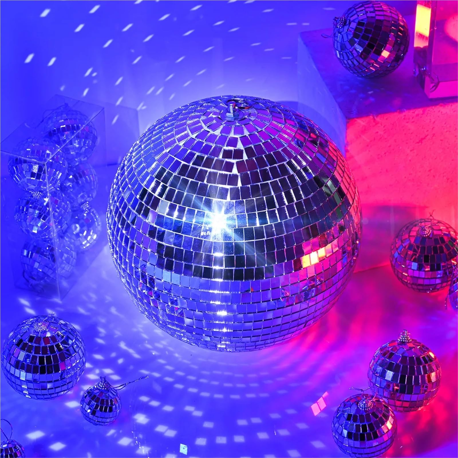 Dekoracja imprezowa lustrzanej kuli dyskotekowej, Disco Ball Lustro Odblaskowe, obrotowe światło, srebro, wiele rozmiarów na wesele(25cm)