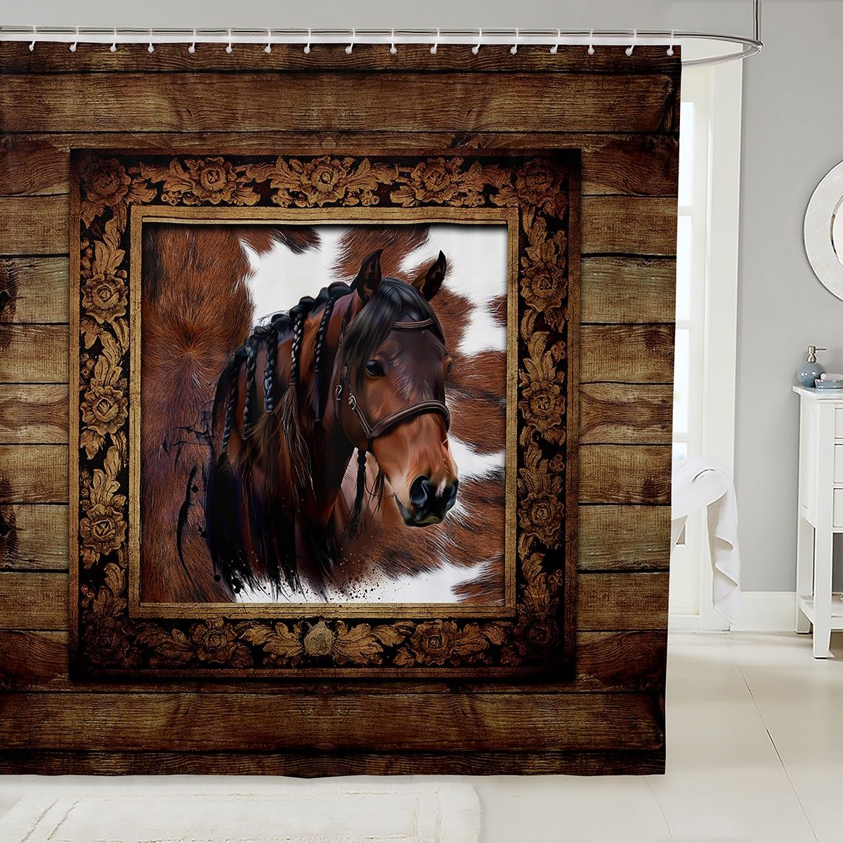 Wild Horse Shower Curtain,Western Rustic Farmhouse Bathroom Curtain,Kids Girls Adult Room Decor,Brown Cowhide and Wooden Patchwork Waterproof Curtain