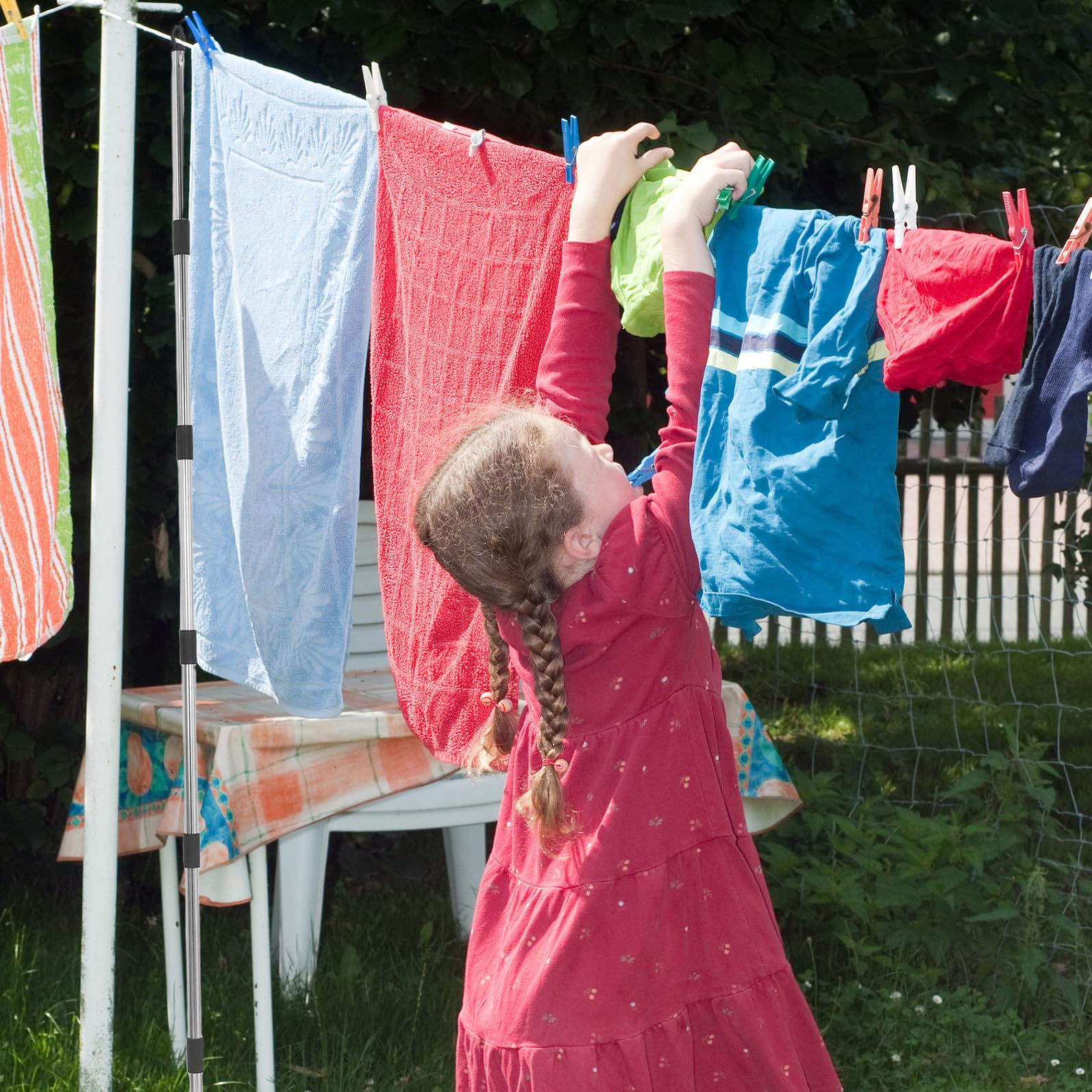 GALPADA Robuste Wetterfeste Wäscheleine 10m mit Abnehmbarer 22m Wäschestange Haken Clips Verstellbares Outdoor Wäscheleinen Satz für Camping Garten und Balkon