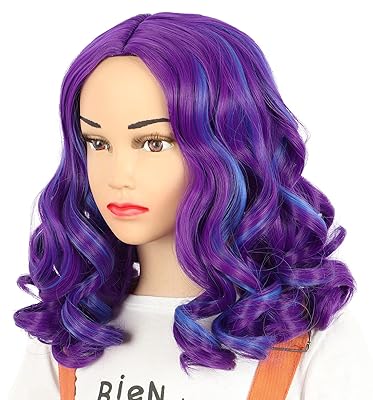 yuehong Long Curly Mixed Purple Blue Anime Fashion Girls Cosplay Wig Party Hair Wigs