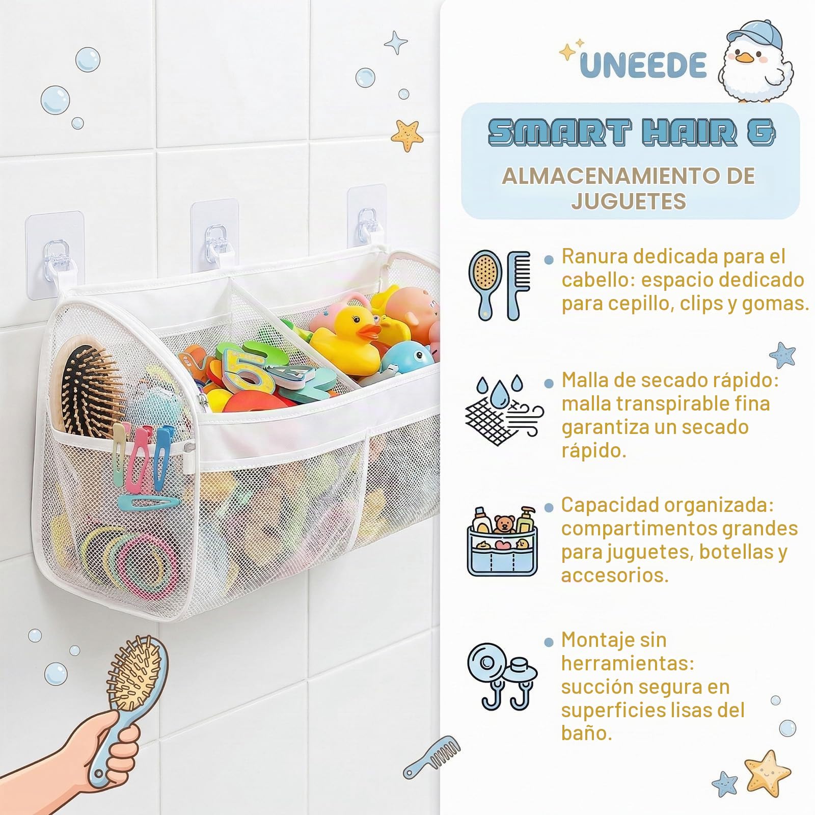 Bolsa de Almacenamiento para Juguetes de Baño de 3 Compartimentos - Malla Transpirable con 3 Ganchos Adhesivos, para Mantener el Baño Ordenado, Organización y Clasificación de Juguetes