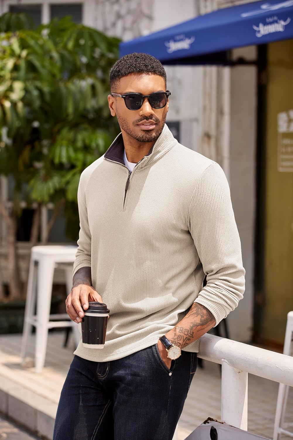 COOFANDY Mens Quarter Zip Pullover Lightweight Sweater Casual Long Sleeve Corduroy Half Zip Sweatshirt - Image 2