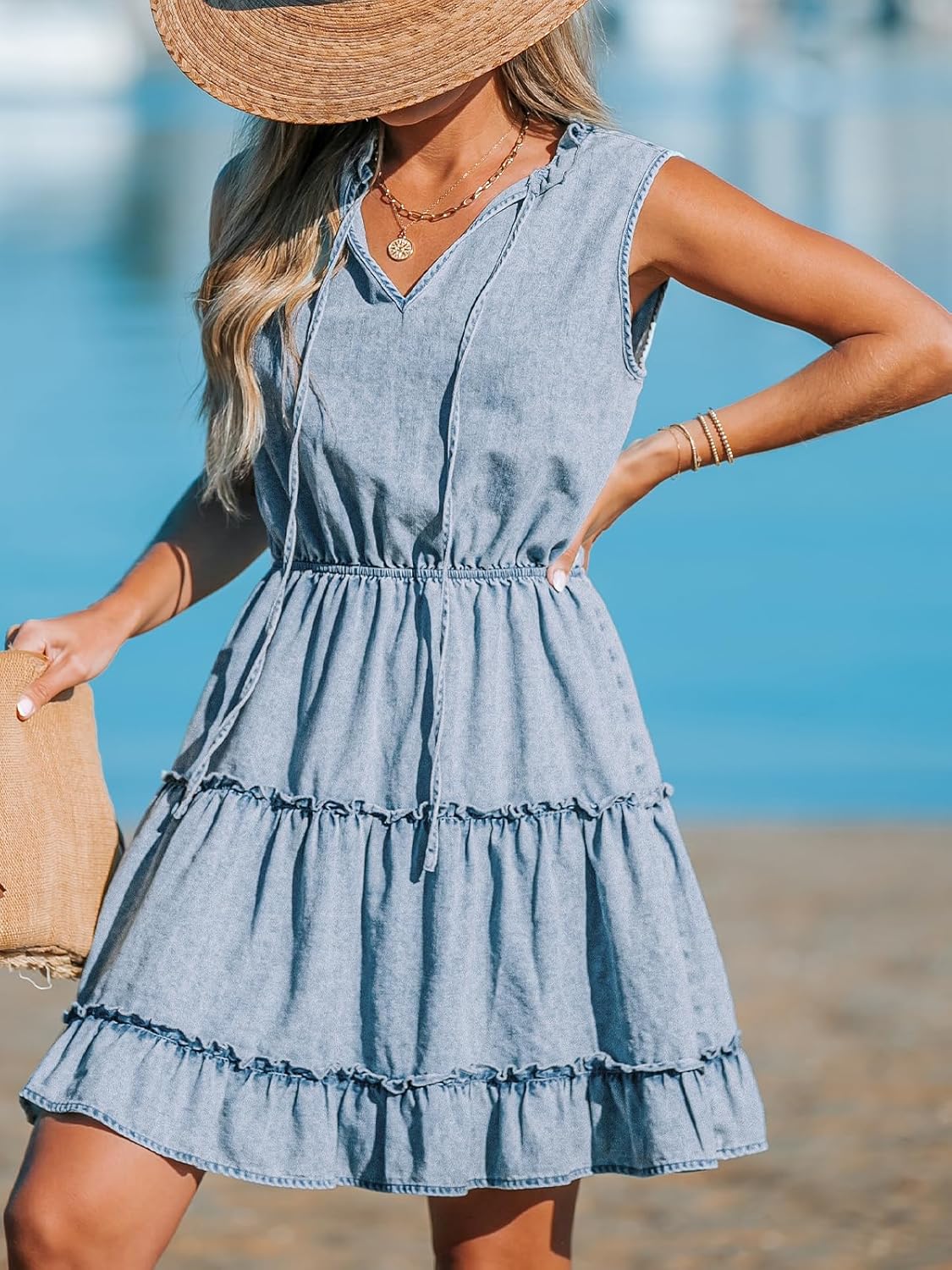 CUPSHE Women's Split V Neck Ruffled Sleeveless Denim Skirt Summer Mini Dress