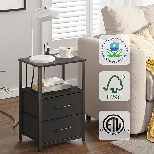 Miniatura 4 de TUTOTAK Mesa auxiliar con estación de carga, mesa auxiliar con 2 puertos USB y tomacorrientes, mesita de noche con cajón de tela, juego de 2, mesa