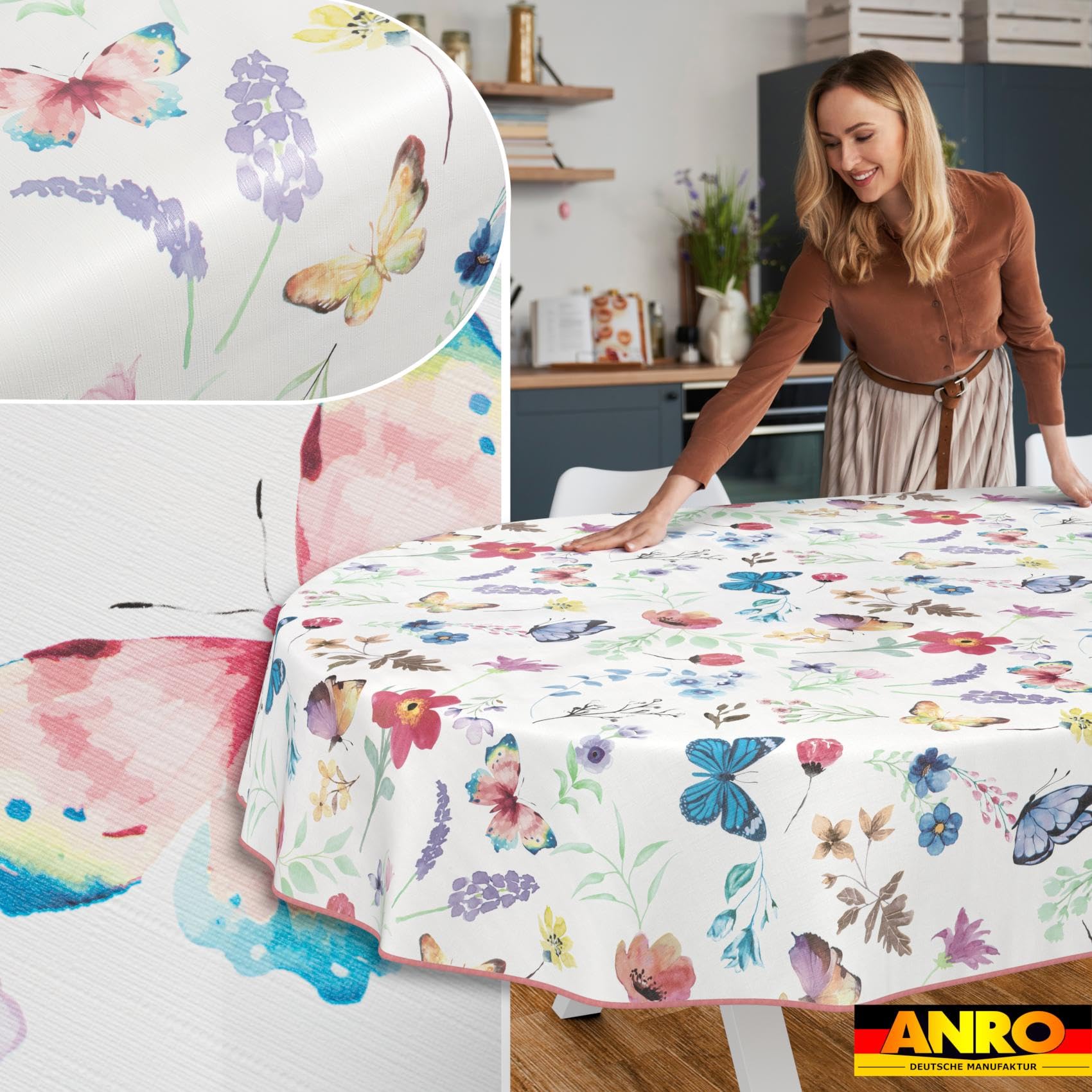Tovaglia cerata, lavabile, facile da pulire, impermeabile, effetto loto, motivo farfalle, ovale, 160 x 140 cm, con orlo (orlato)