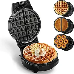 Mini máquina de waffles com 6 pratos removíveis, máquina de waffle pequena 3 em 1 mini waffle, panqueca, donut, ferro de waffle antiaderente de 15 cm para crianças e famílias, preto
