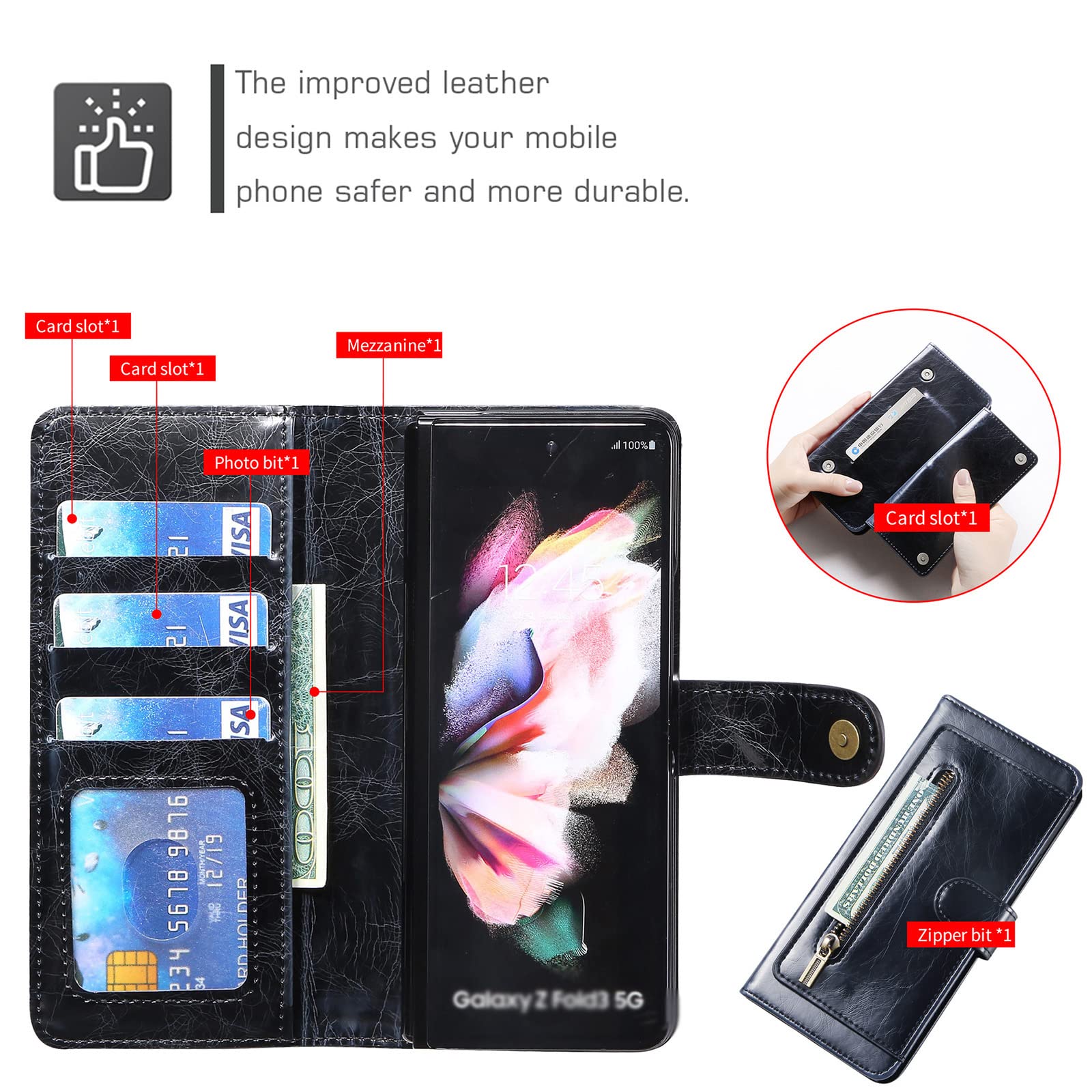 Etui portfelowe na Galazy Z Fold 3, zamsz retro ze skóry PU na zamek foliowy ochraniacz ekranu etui z klapką z magnetycznym zapięciem, etui na karty i podpórka dla kobiet do Galazy Z Fold 3, niebieskie