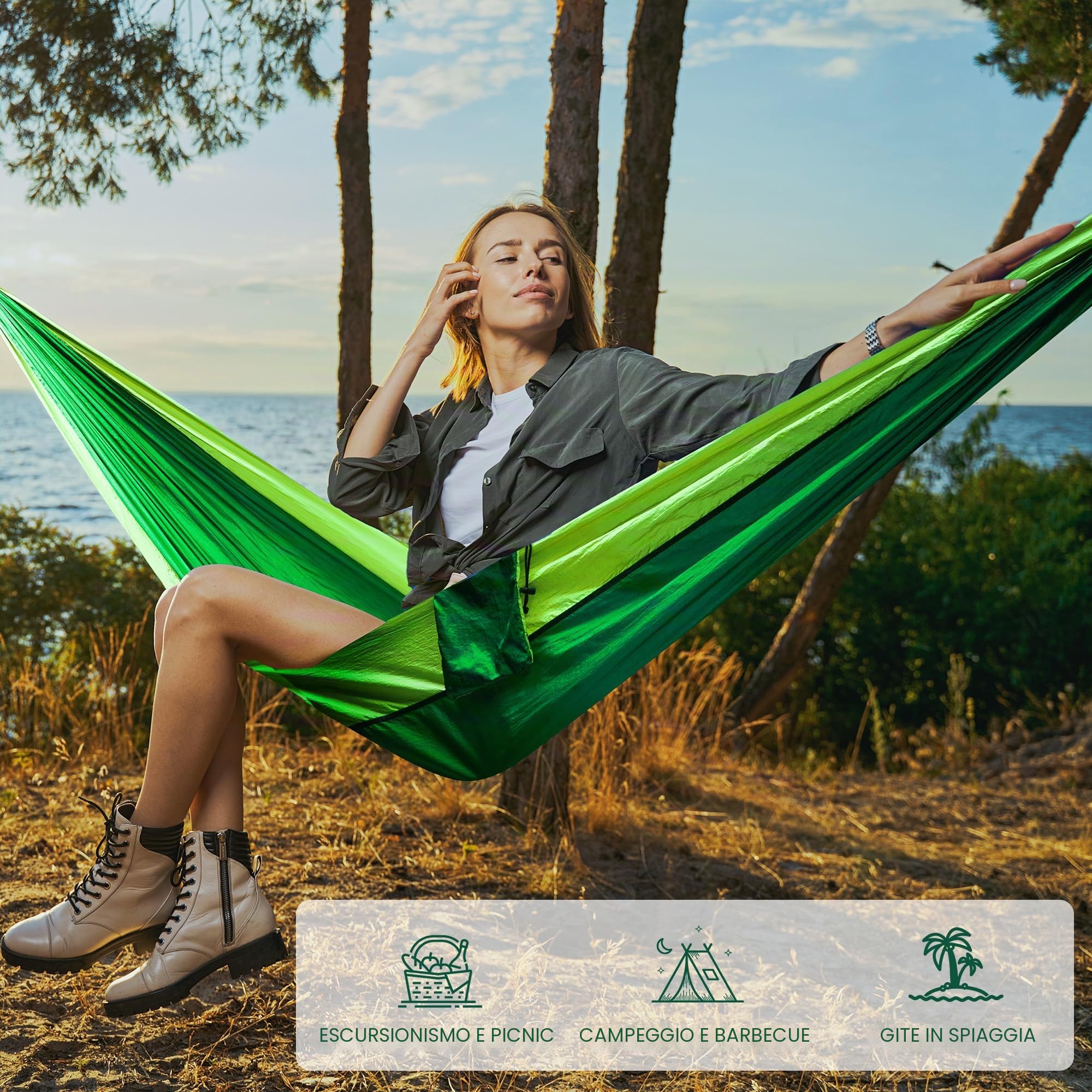 Amaca da campeggio portatile 280x140 cm verde scuro con cinghie