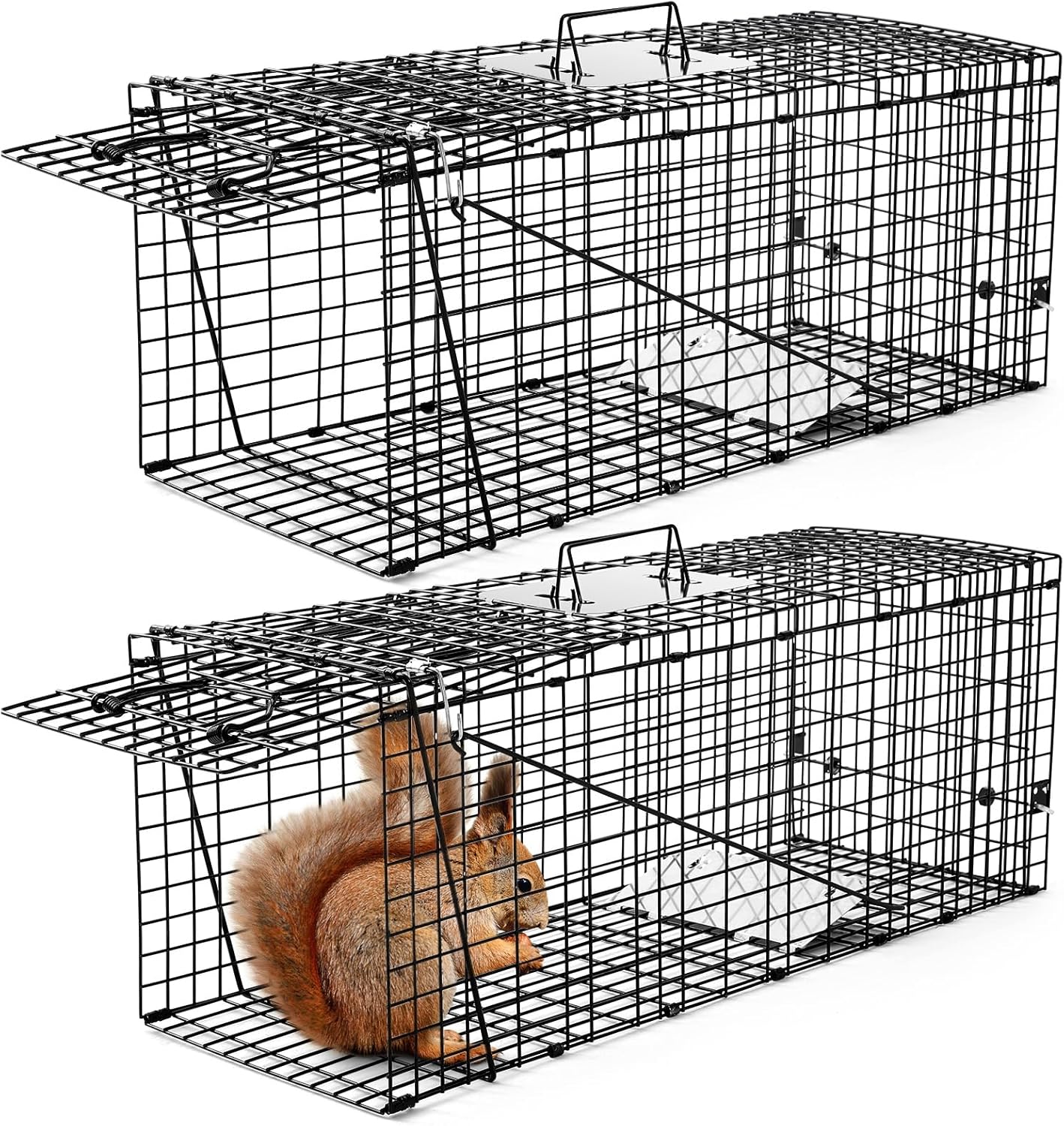 Qualirey 2 Pack Live Animal Trap Cage 24.41 x 7.09 x 8.27 Inch Cat Trap Cage Foldable Steel Humane Catch and Release Animal for Groundhog Squirrel Raccoon Mole Gopher(Black)
