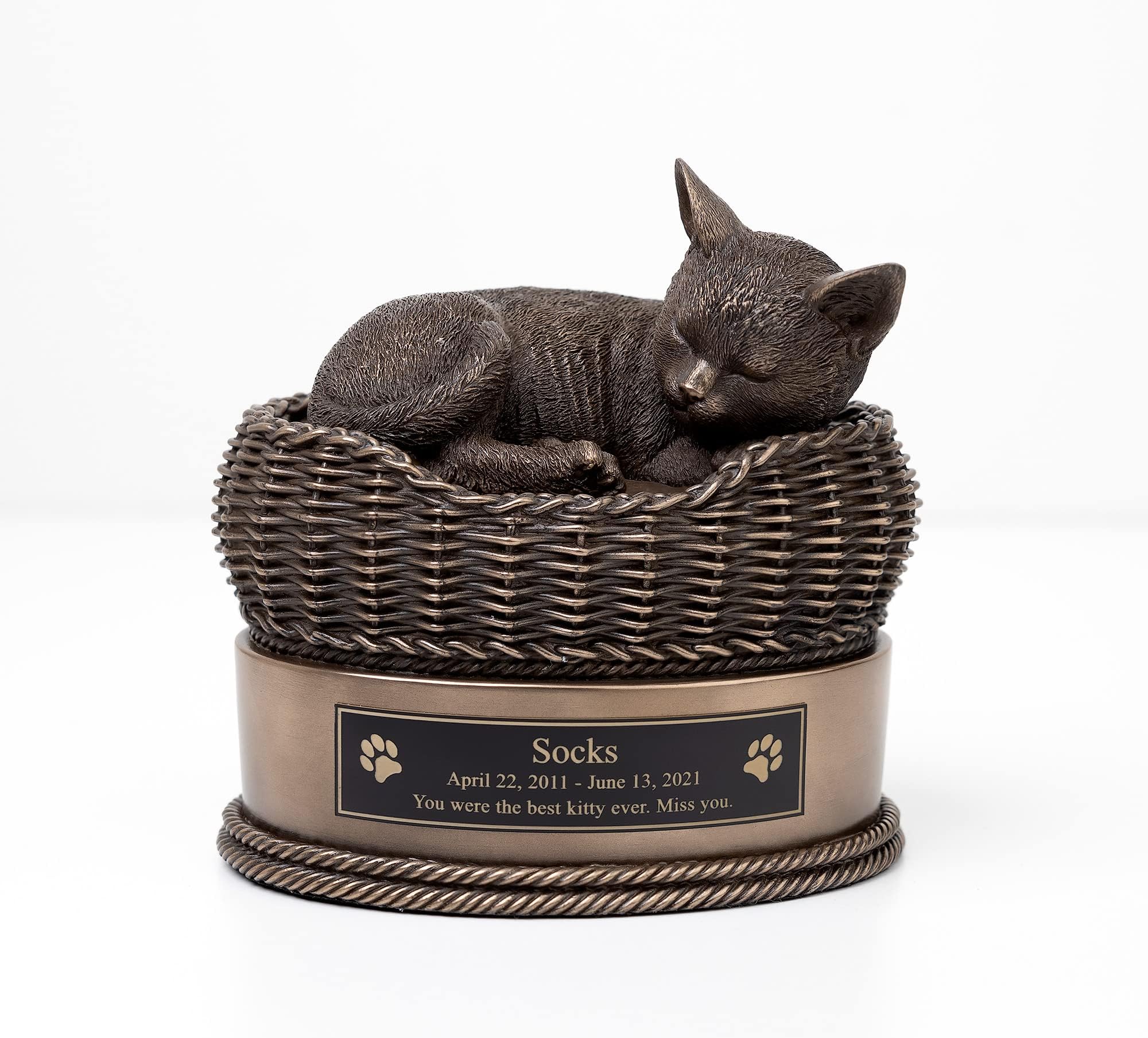 Perfect Memorials Custom Engravable Hand Painted Bronze Cat in Basket Cremation Urn (25 Cu/in) - Cat Urns for Ashes/Personalized Plaque/Cat Memorial Gifts for Loss of Cat/Urns for Ashes/Pet Urn
