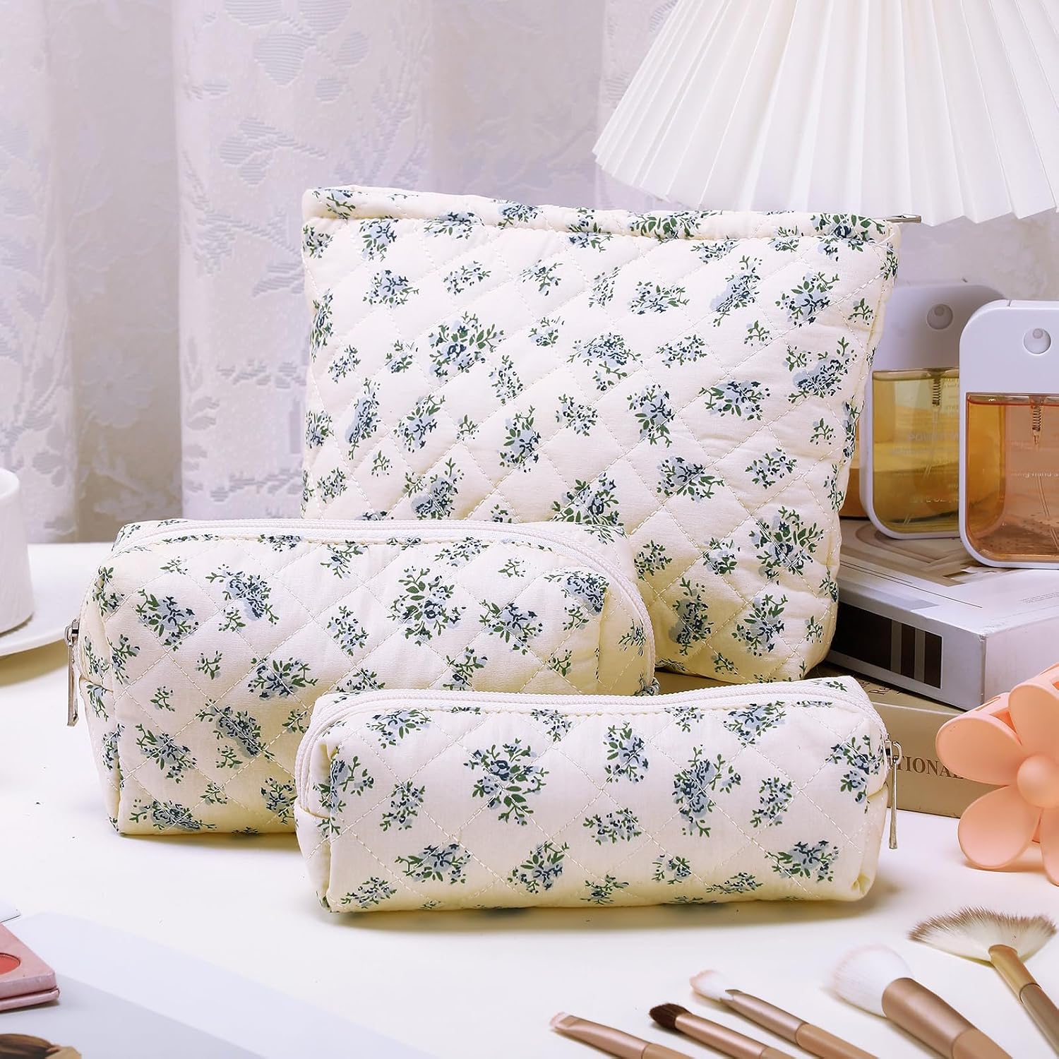 3 Pcs Makeup Bag Quilted Cotton Cosmetic Pouch Set, Floral, Vintage Color image 4
