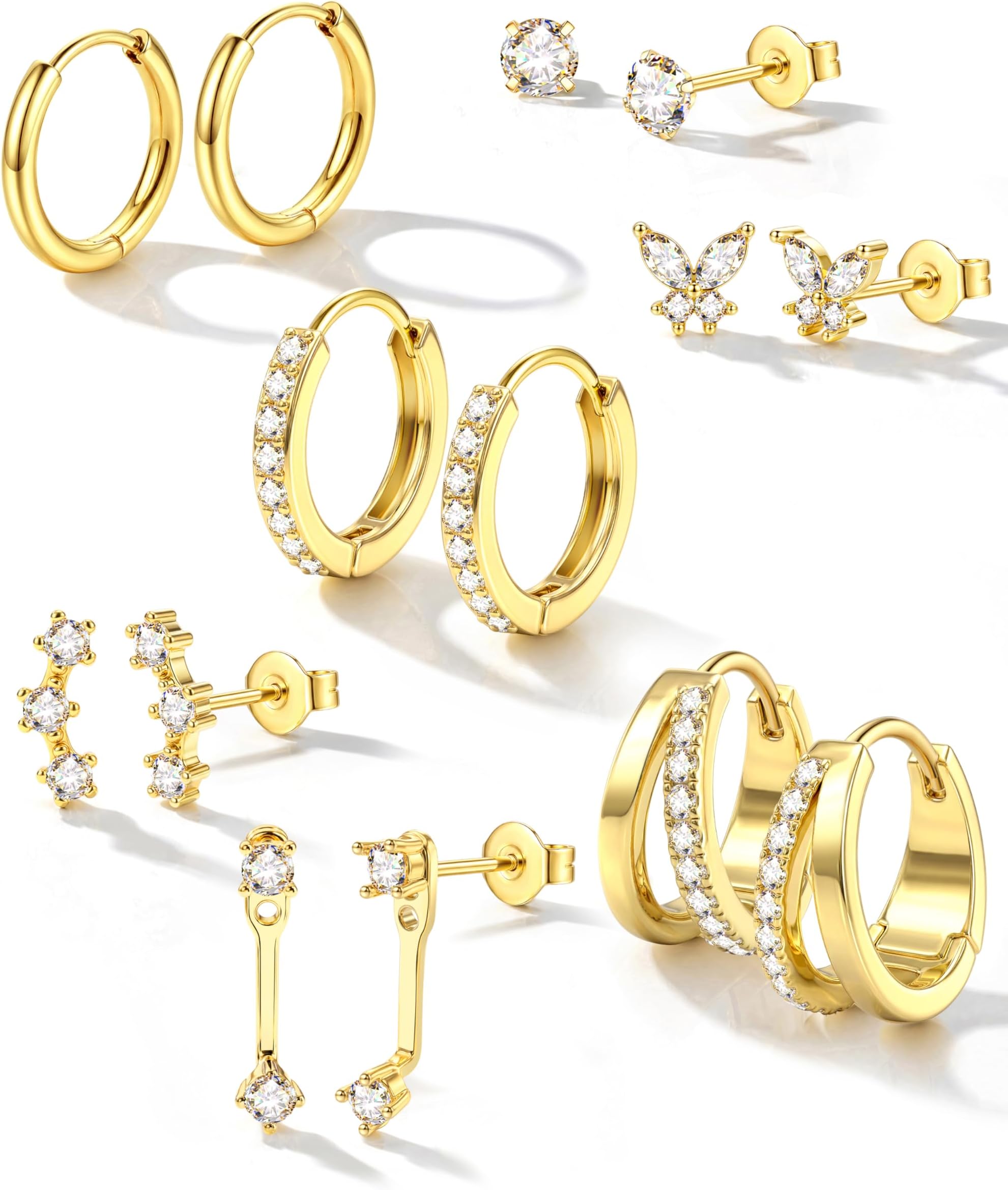 7Pairs Hypoallergenic Gold Earrings for Women Trendy Small Stud Huggie Hoop Earing Stacks Set Cute Cartilage Helix Jewelry for Sensitive Ears Silver Dainty Gift