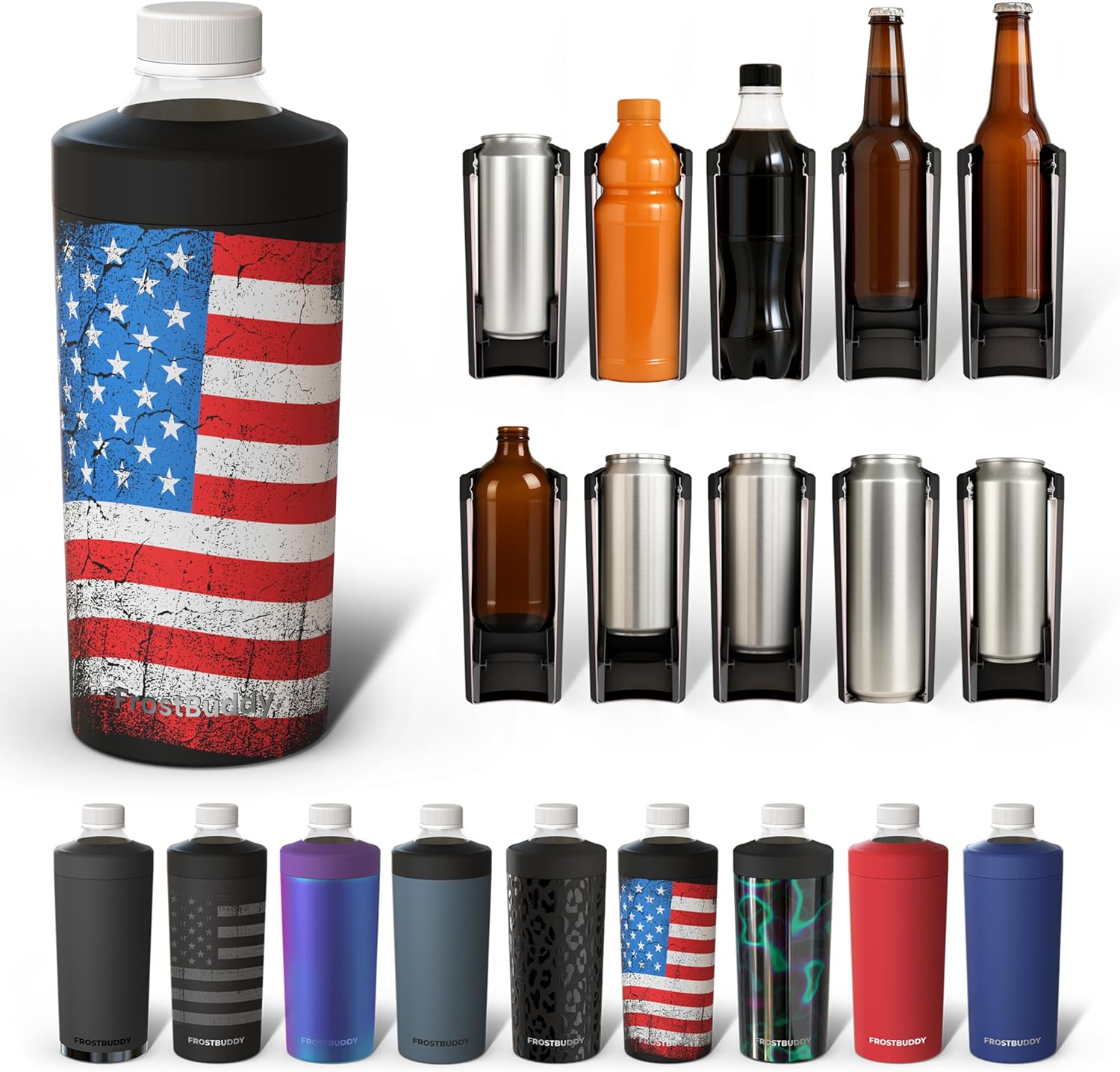 Frost Buddy Universal XL Can Cooler - Fits All - For 12, 16, 20, and 24 ounce Bottles - Insulated Double-Walled Stainless Steel (Merica-)
