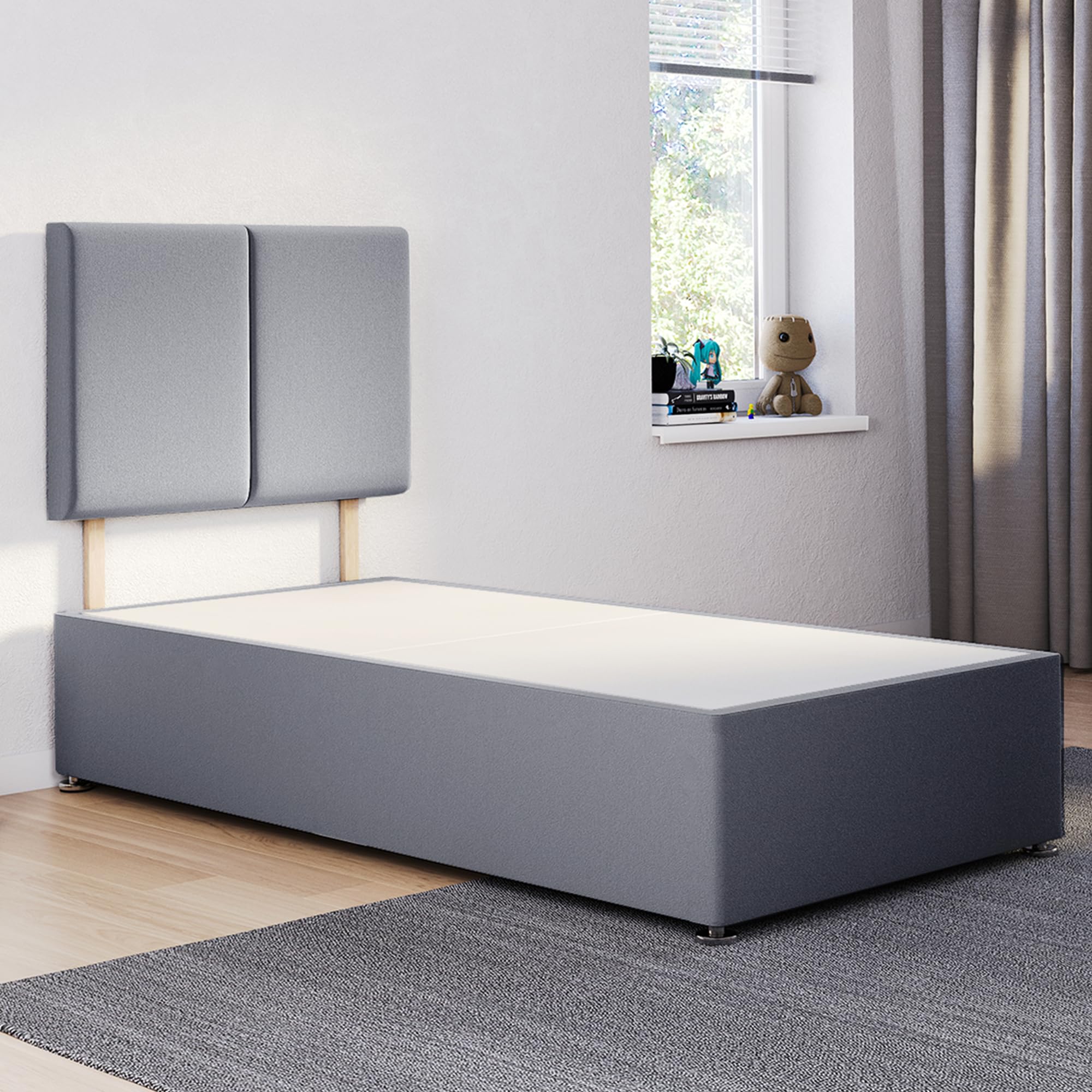 ComfoRest - Elegant 3FT Single Divan Bed Base with Deux Headboard | Compact Frame for Versatile Spaces | Great for Guest Use, Student Living or Spare Rooms – No Mattress, No Drawers (Grey Plush)