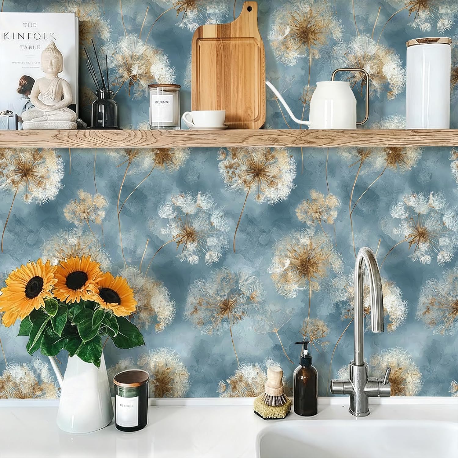 Vintage Dandelion Seed Wallpaper Peel and Stick Removable 17.7" x 118.11" Golden Texture Blue Wall Paper Self Adhesive Watercolor for Classroom Bedroom Laundry Room Bathroom