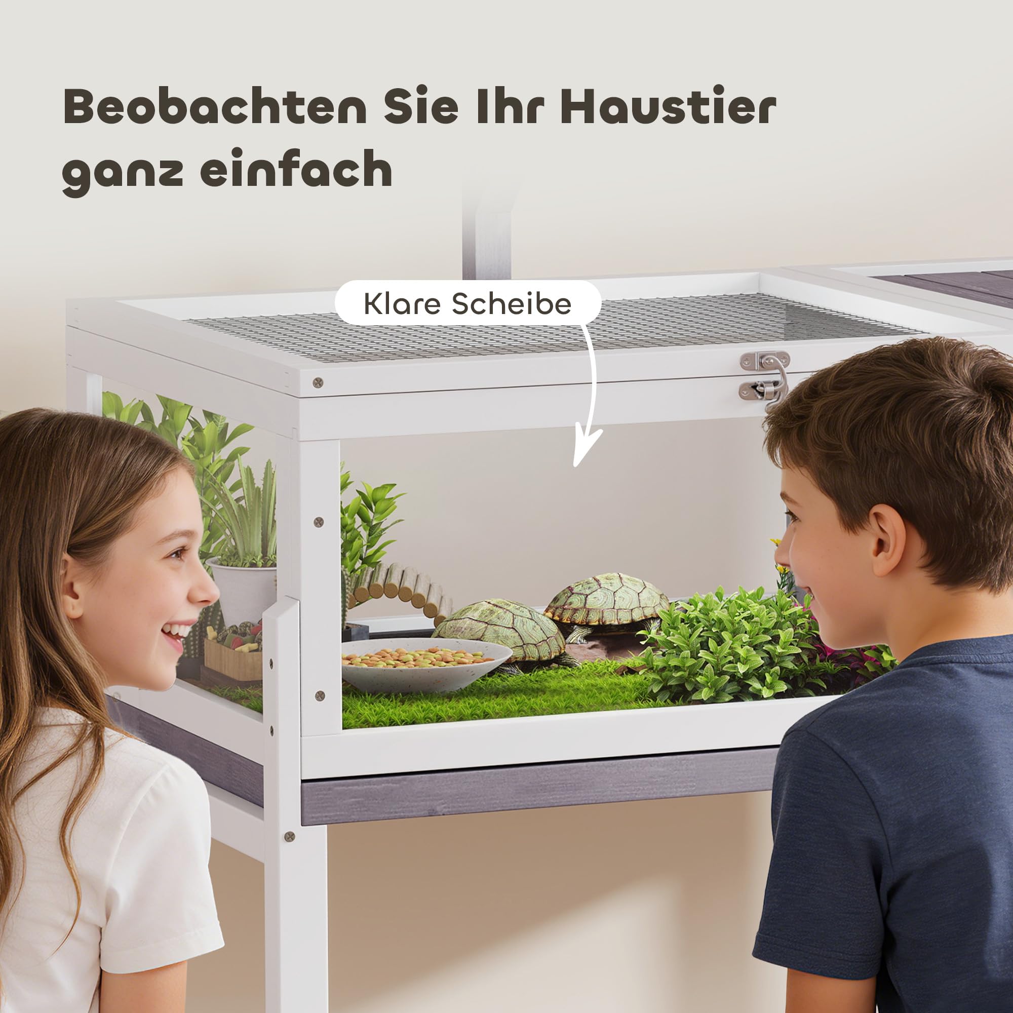 PawHut Schildkrötenhaus aus Holz Schildkrötengehege mit Haupthaus, Sichtfenster, aufklappbarer Deckel, Reptilienkäfig mit Lampenfassung, Futternapf, für Amphibien Indoor Outdoor
