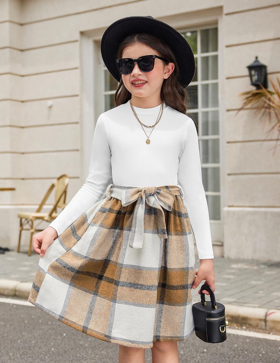 Arshiner Girls Dresses Long Sleeve Rib Knit Plaid Patchwork Belted Dress with Pockets - Image 4