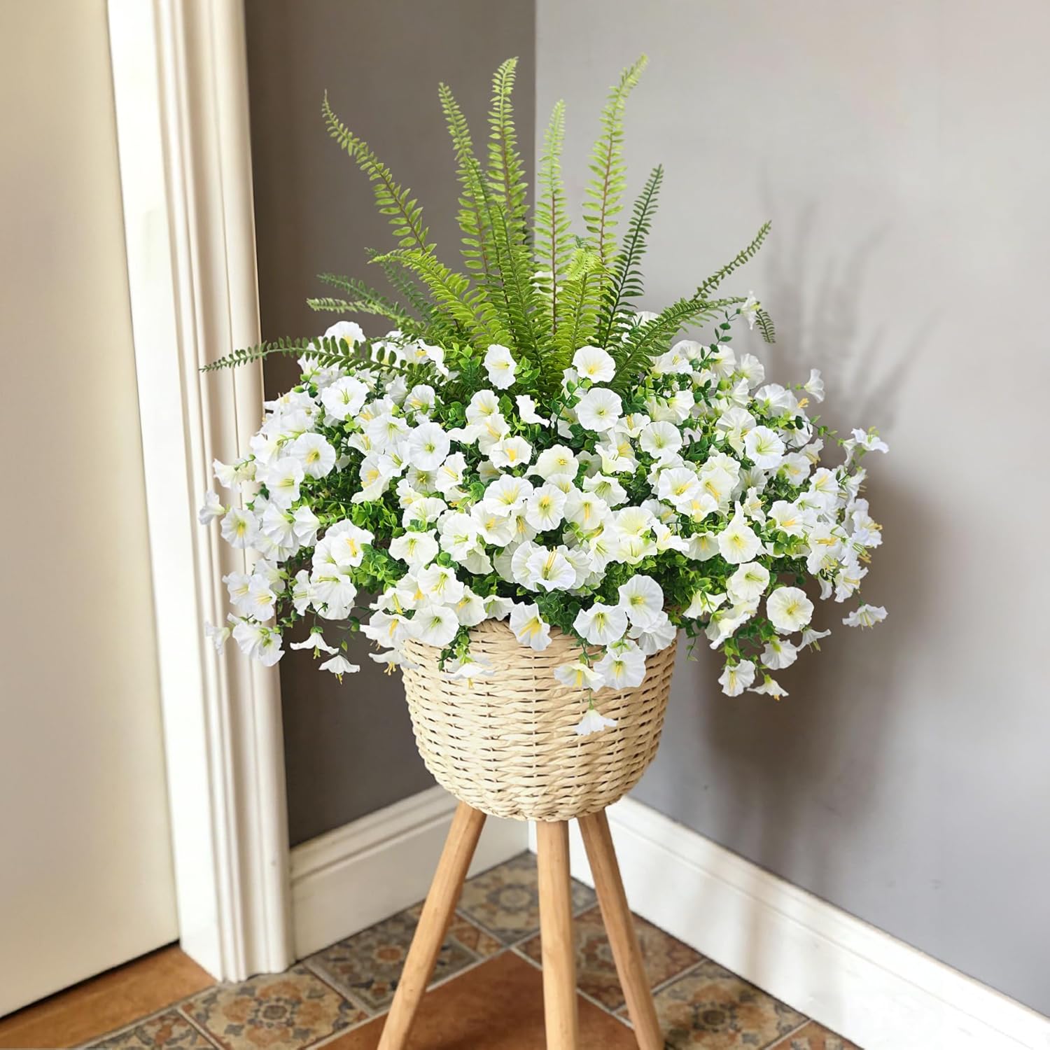 Artificial Flowers for Outdoors Faux Plants Outside Indoor,UV Resistant Silk Fake Morning Glory Tall Ferns for Home Patio Garden Back Yard Front Porch Decor Spring Summer(13 Bunches,White) - Image 4