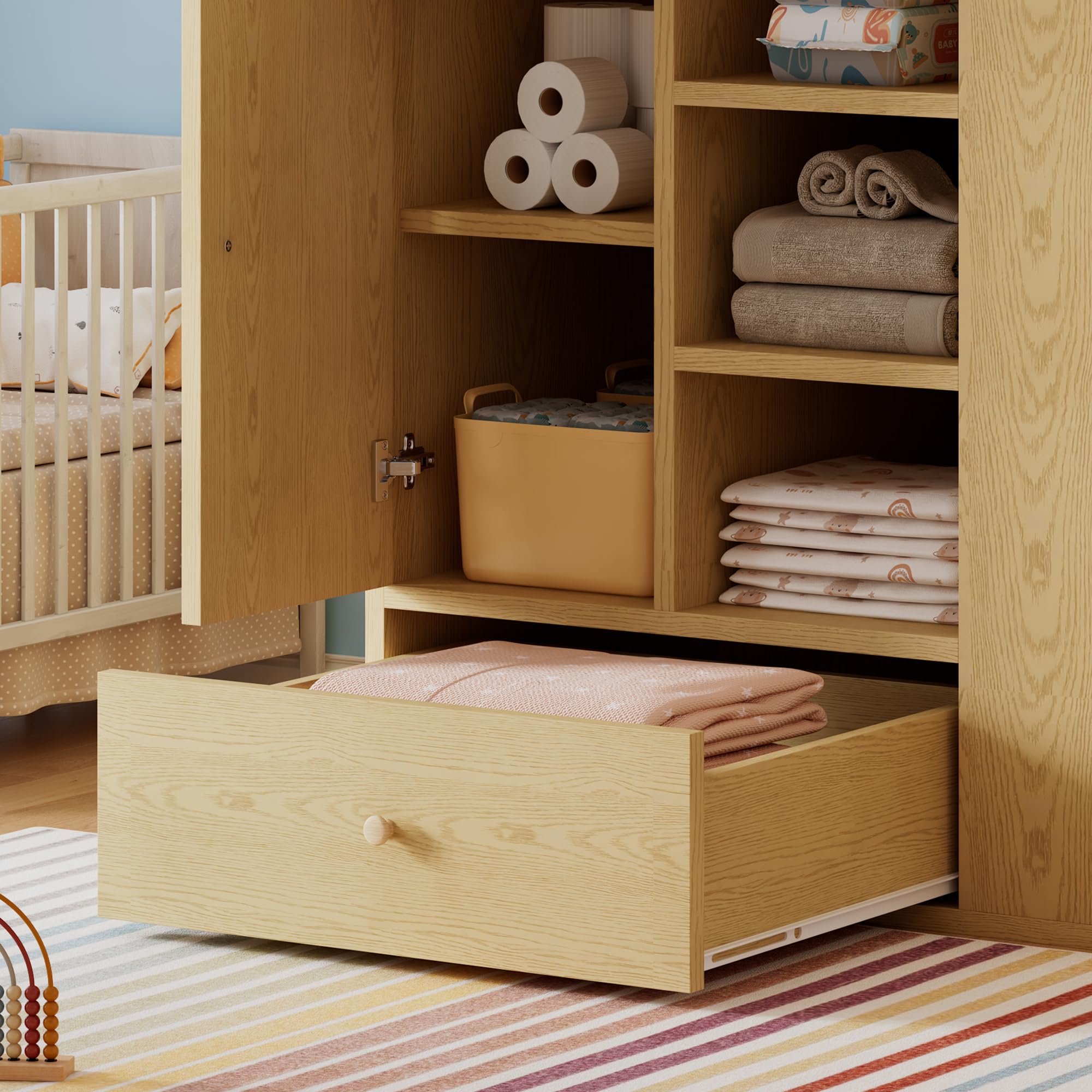 SUKY Fasciatoio con cassetto, armadietto e vano portaoggetti, portasciugamani, fasciatoio con pareti divisorie, design in legno naturale, 91 x 76,5 x 100 cm