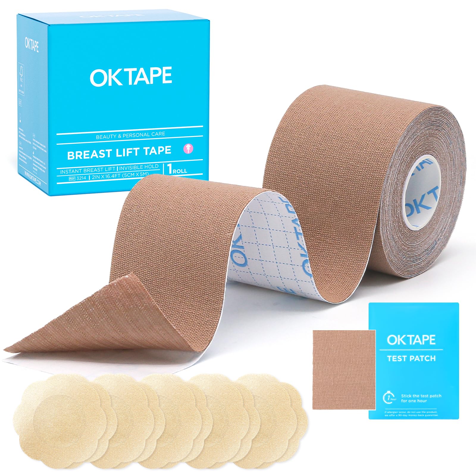 OK TAPE Breast Lift Tape, Boob Tape for Large Breasts Lift with 5 Pairs Nipple Cover Set, Breathable and Invisible Body Tape for A-G Cup, Tan 2" x 16.4ft