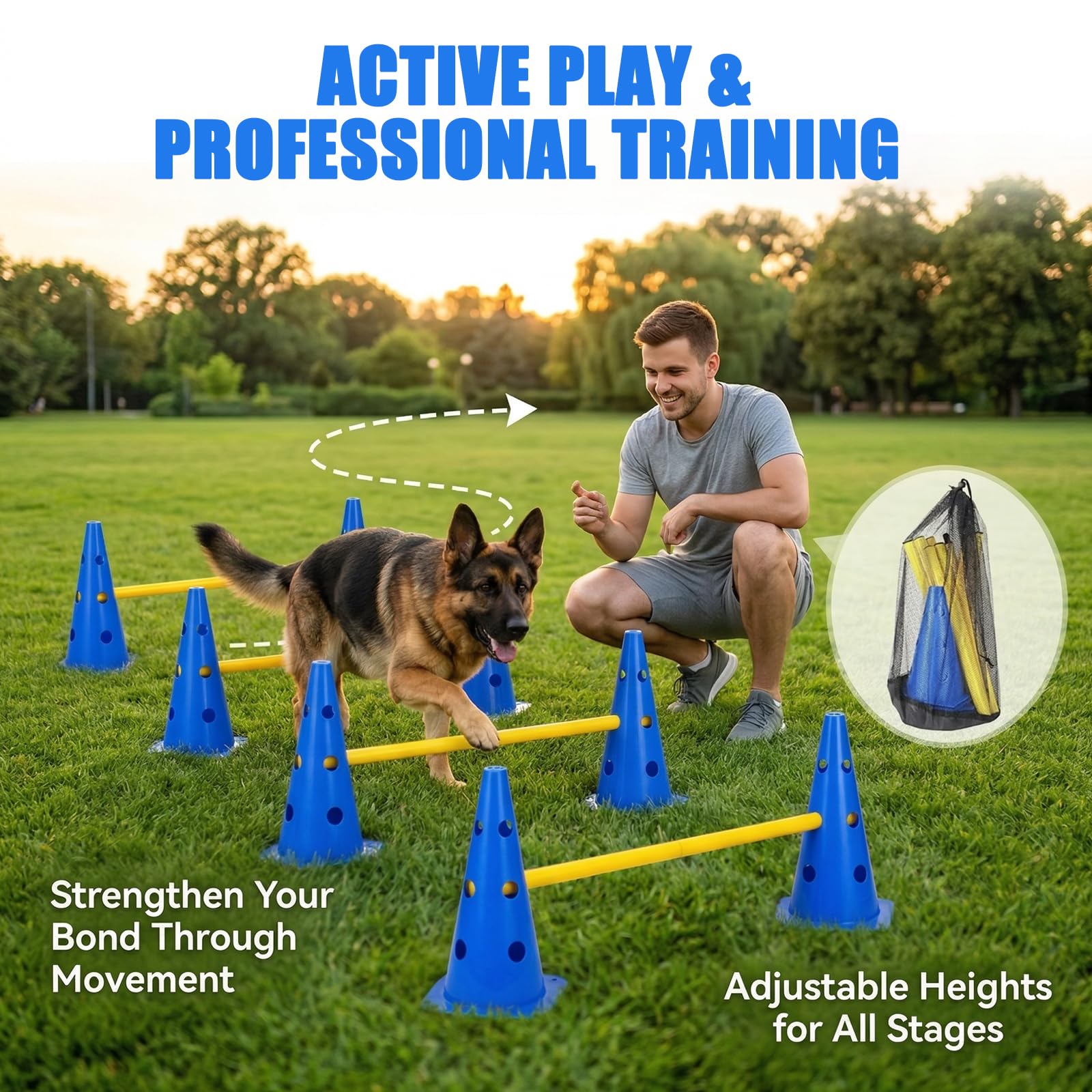 Kit Ostacoli Agility Impilabili, 10 Coni + 5 Barre (80cm) - Ostacoli Regolabili per Addestramento di Coordinazione per Bambini, Cani e Cavalli, Salti per Percorsi Cinofili ed Equitazione
