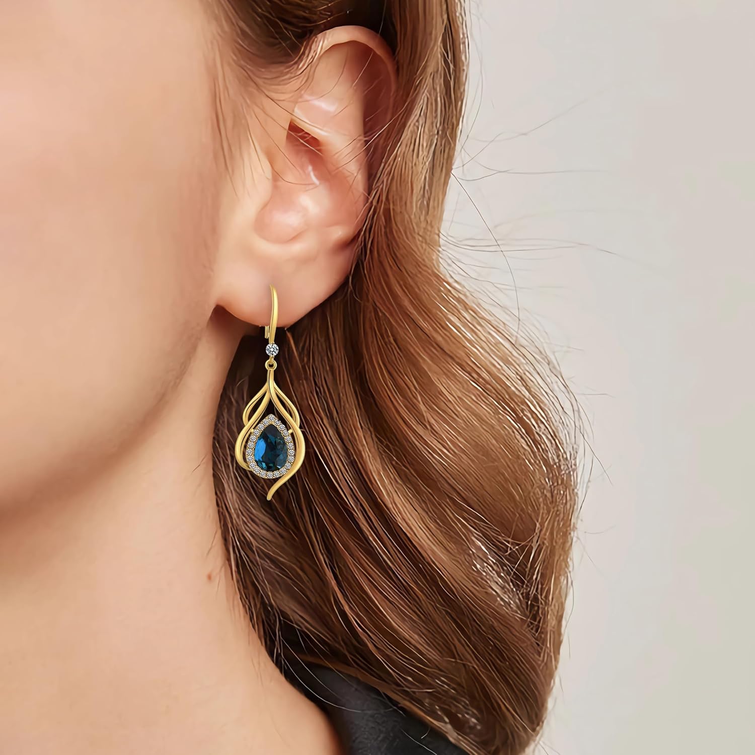 Blue Sapphire Earrings For Women; Blue Yellow Gold Earrings 14k Gold Hollow Teardrop Dangle Earrings Birthstone Earrings Navy Blue Crystal Dangle Earring Dangle Jewelry Gifts - Image 5