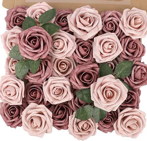 Miniatura 20 de MACTING Flores Artificiales Rosas 30PCS Tacto Real Flores Falsas con Tallo Rosa de Espuma Arcoíris para Bricolaje Ramos de Novia de Boda Centros