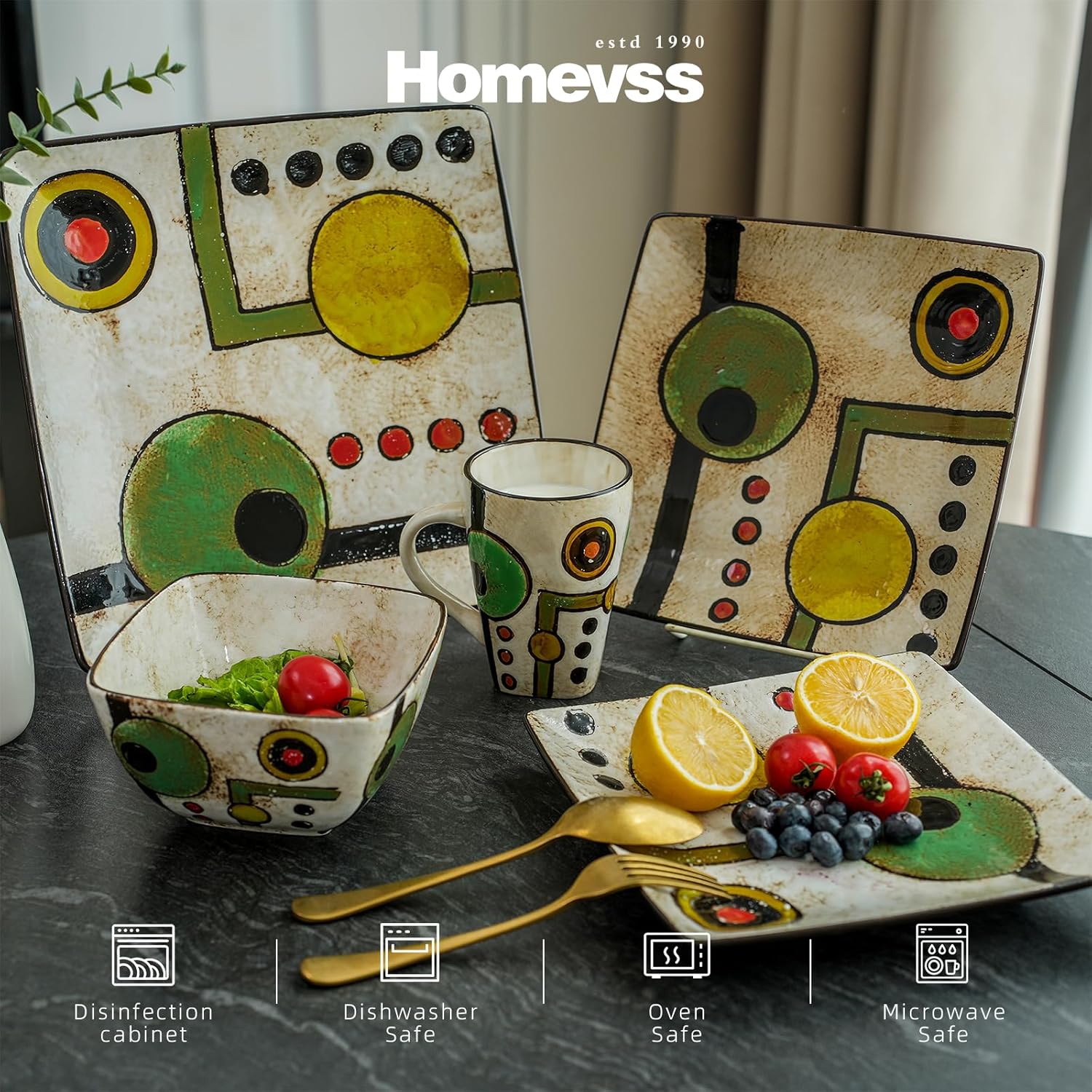 16pc Dinnerware Set, Stoneware Artisan Hand Painted Impressionism Pond, Reactive Glaze