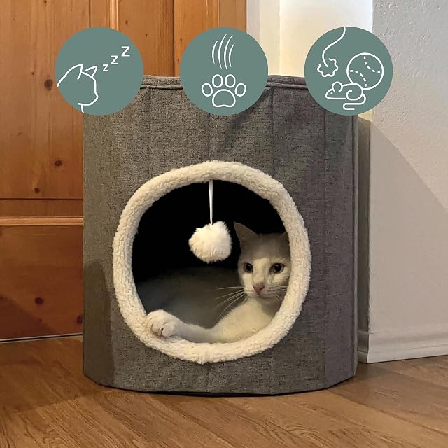 Foto 2 de 7 de hjh LIVING Casa para gatos con pelota de juego, 38 x 38 cm, plegable, con tabla para rascar y cojín de peluche
