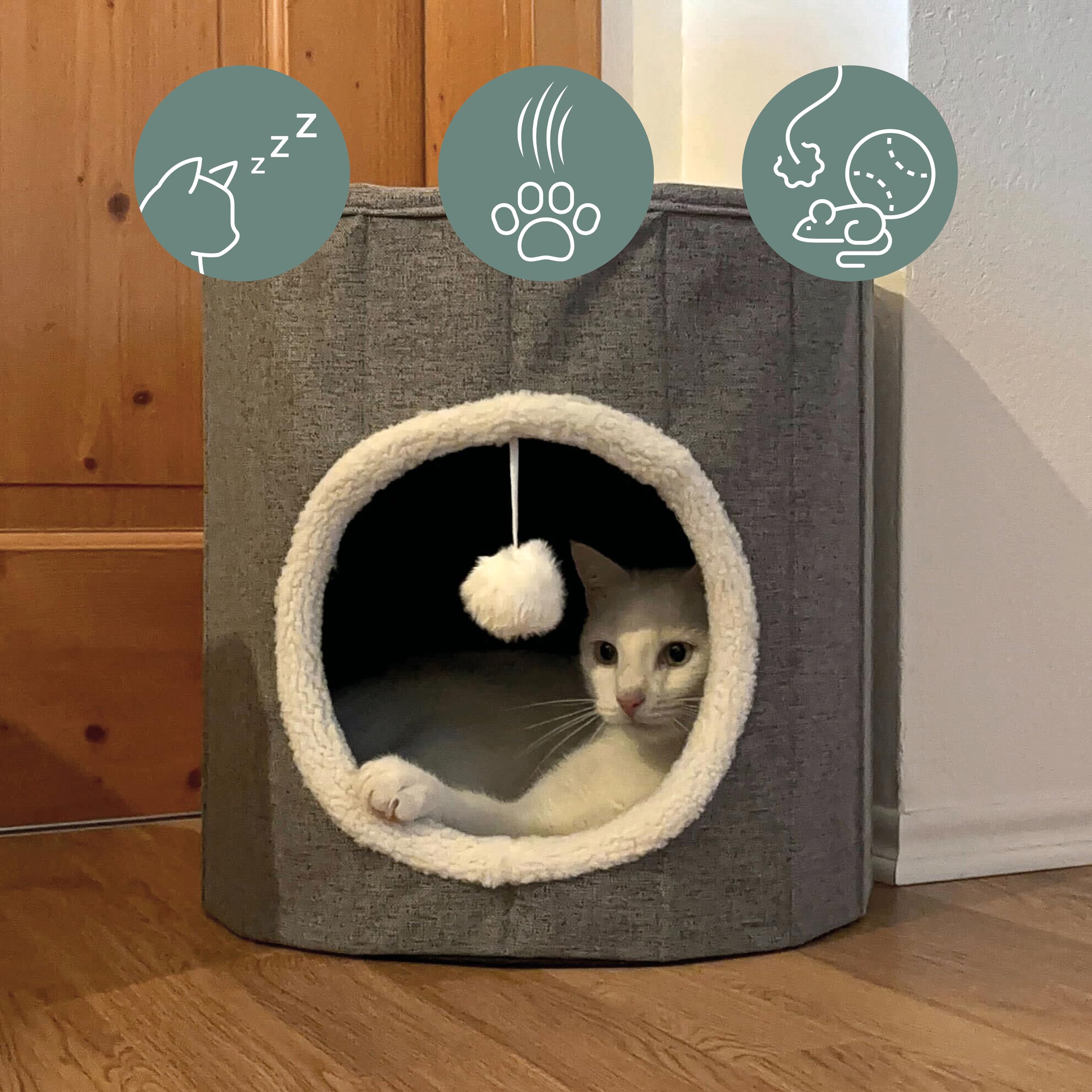 Grotta per gatti con palla da gioco, 38 x 38 cm, PAWY R, pieghevole, con tavola tiragraffi e cuscino Teddy, colore: grigio