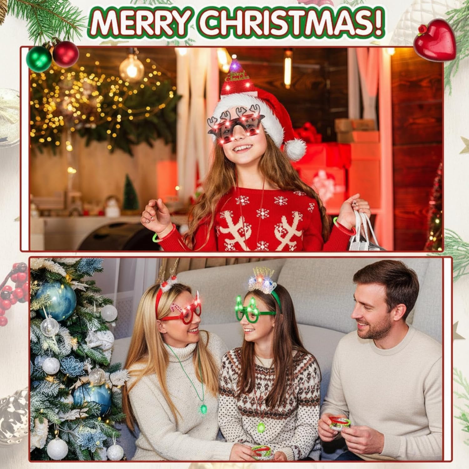 Hiboom 40 Pcs Light Up Christmas Headband Necklace Christmas Glasses Frame Fluorescent Wristbands Glowing in Dark Xmas Party Favor Set Glow Accessories for Holiday Party Favors Supplies - Image 4