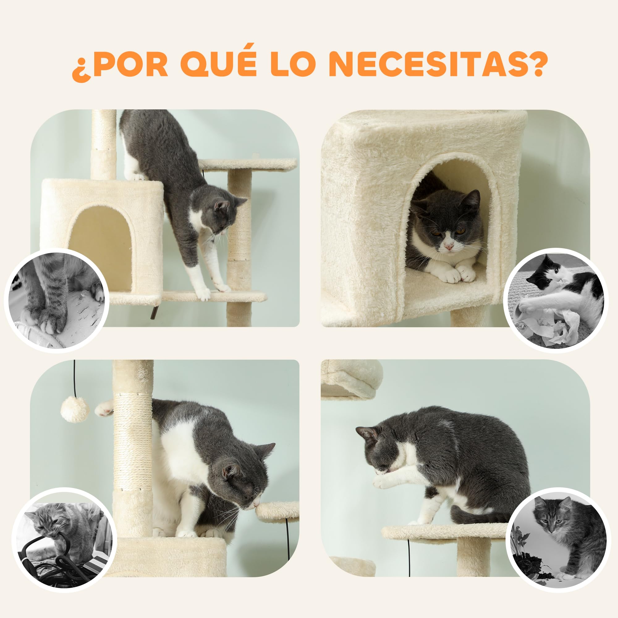 PawHut Árbol Rascador para Gatos 202 cm con 2 Cuevas Beige | Árbol para Gatos, Torre Escalador, 2 Hamacas, 6 Postes de Sisal, 3 Bolas, Cuerda para Jugar