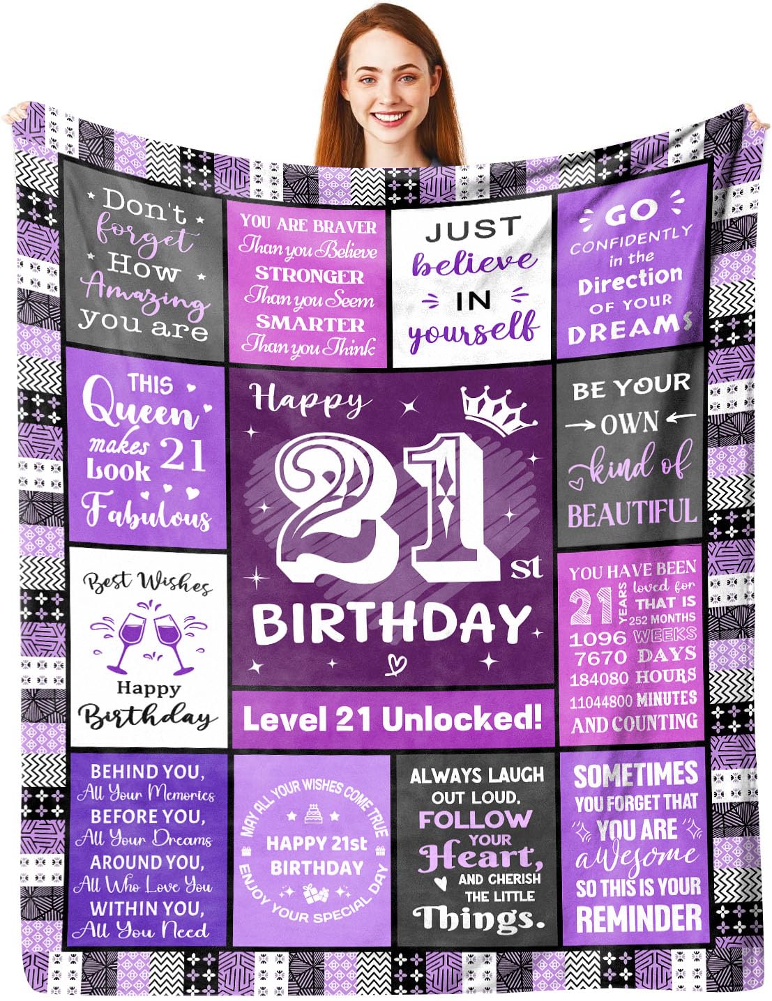 21st Birthday Gift for Her 150 x 130 cm | Personalised 21 Year Old Birthday Blanket Gifts for Girl Women, Happy 21st Bday Decorations Flannel Throw Presents for Daughter Sister Best Friend