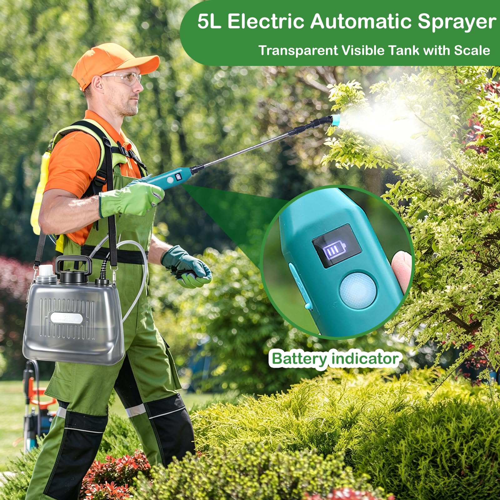 Opryskiwacz ciśnieniowy AutoPump, opryskiwacz ogrodowy z baterią, elektryczny opryskiwacz do roślin z 3 dyszami, teleskopowa lanca z widocznym poziomem baterii, przezroczysty zbiornik (5 l)