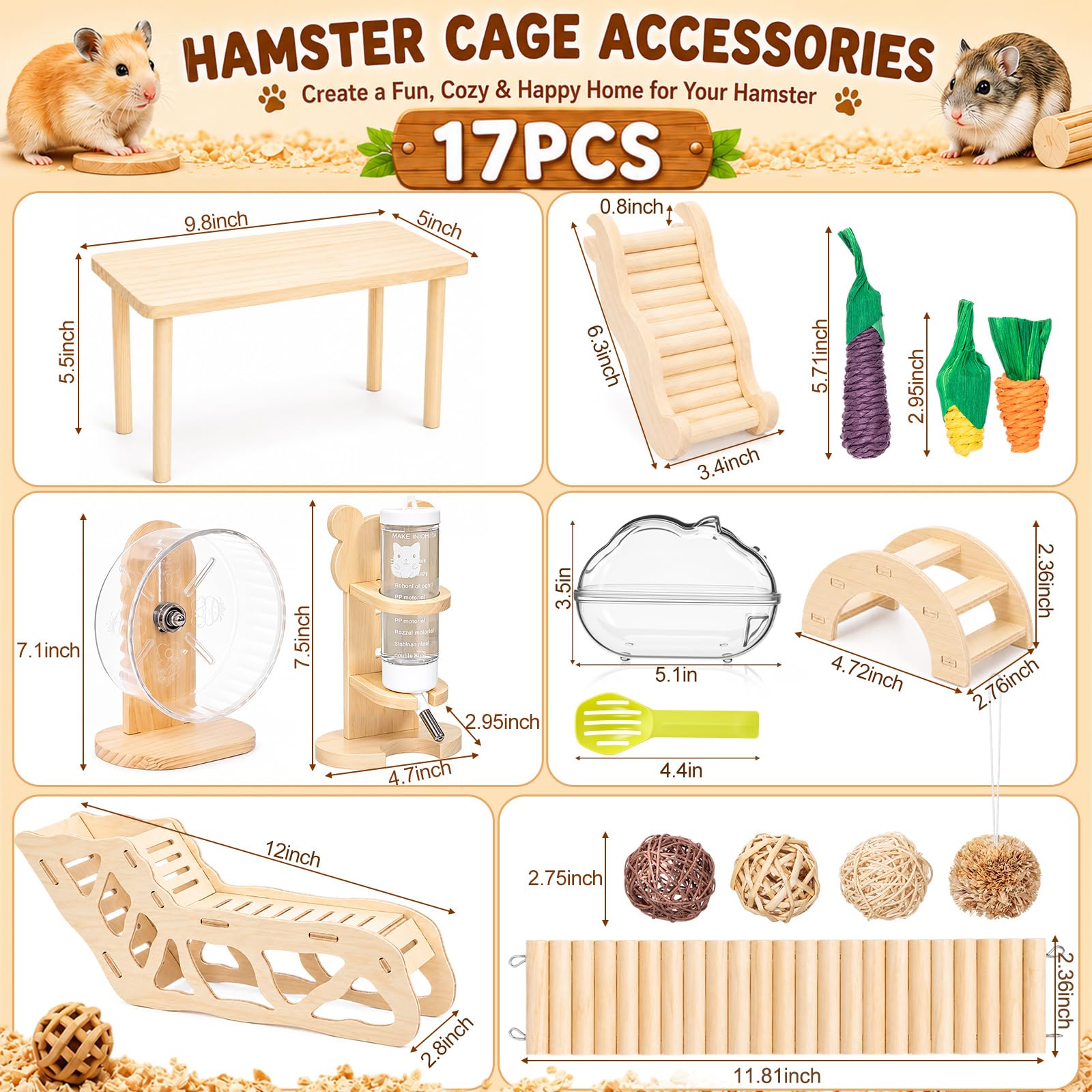 Marsui 17-teiliges Hamsterkäfig-Zubehör, inklusive Hamsterplattform, Versteck, Tunnel, leises Rad, Kletterleiter, Zaun, Wasserflaschen-Set mit Sandspiel, Kauspielzeug für kleine Tiere