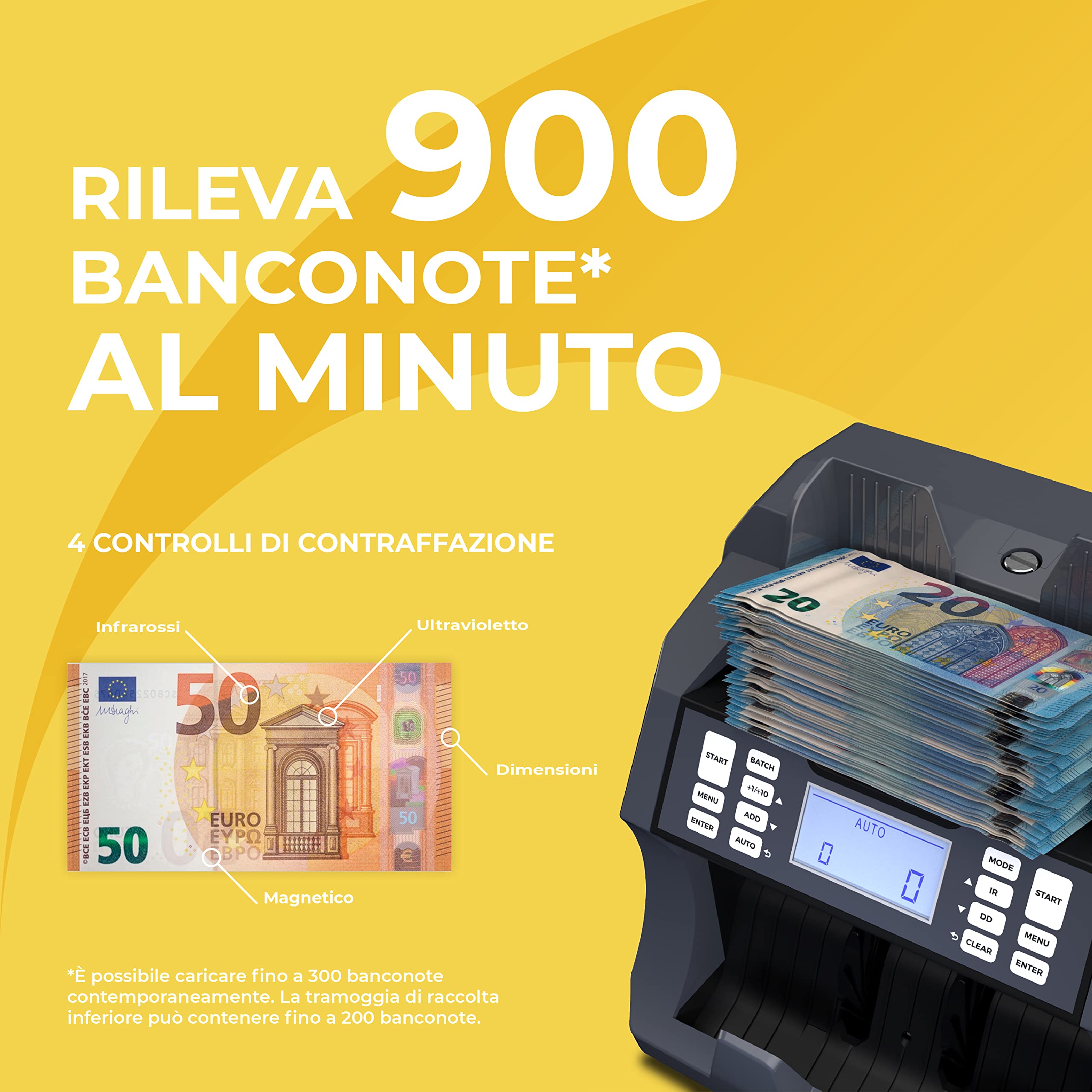 Detectalia V75, Conta banconote Non-Miste e Rilevatore di Banconote False, Testata per Tutte le Valute, con 4 Controlli Schermo a 2 Colori + Schermo Esterno, Capacità di 300 Banconote