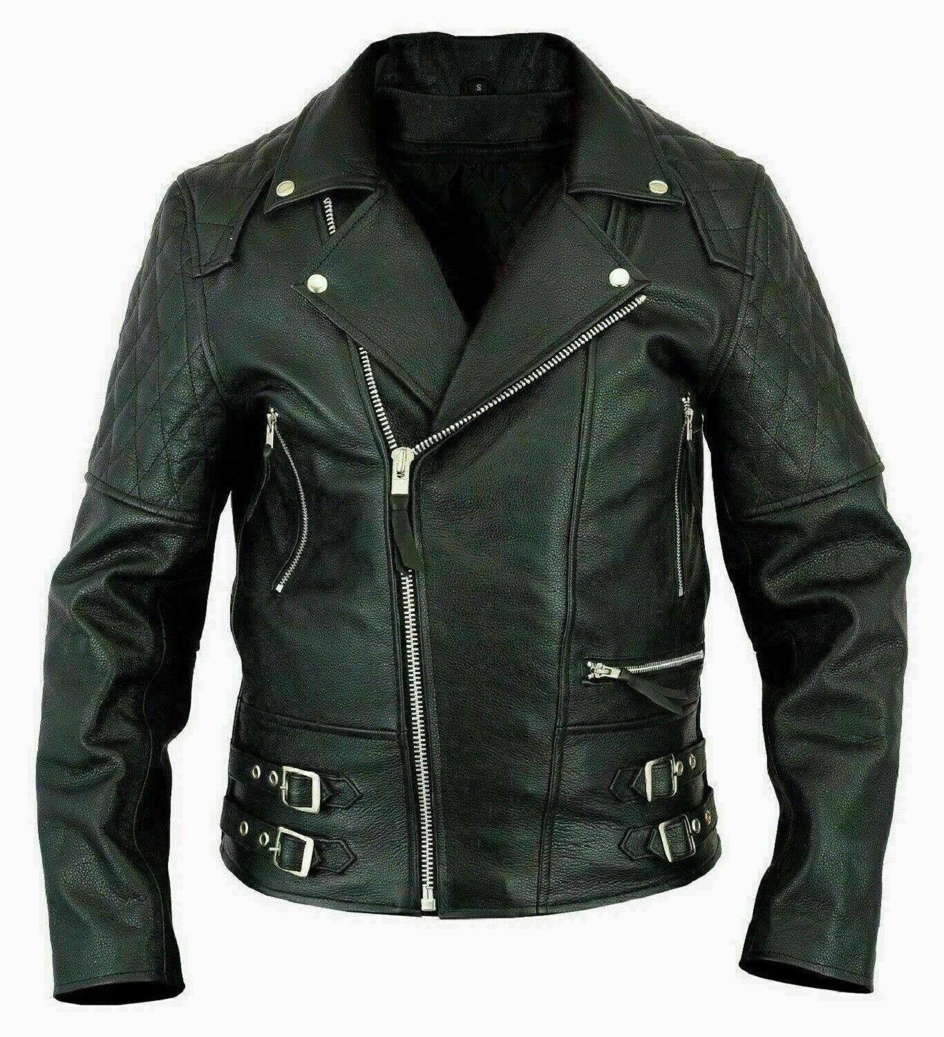 Rising Bloom Men's Black Brando Classic Vintage Cafe Racer Cross Zip Quilted Style & Brown Biker Genuine Real Sheepskin Leather Jacket (As8, Alpha, Xx_l, Regular, Regular, )
