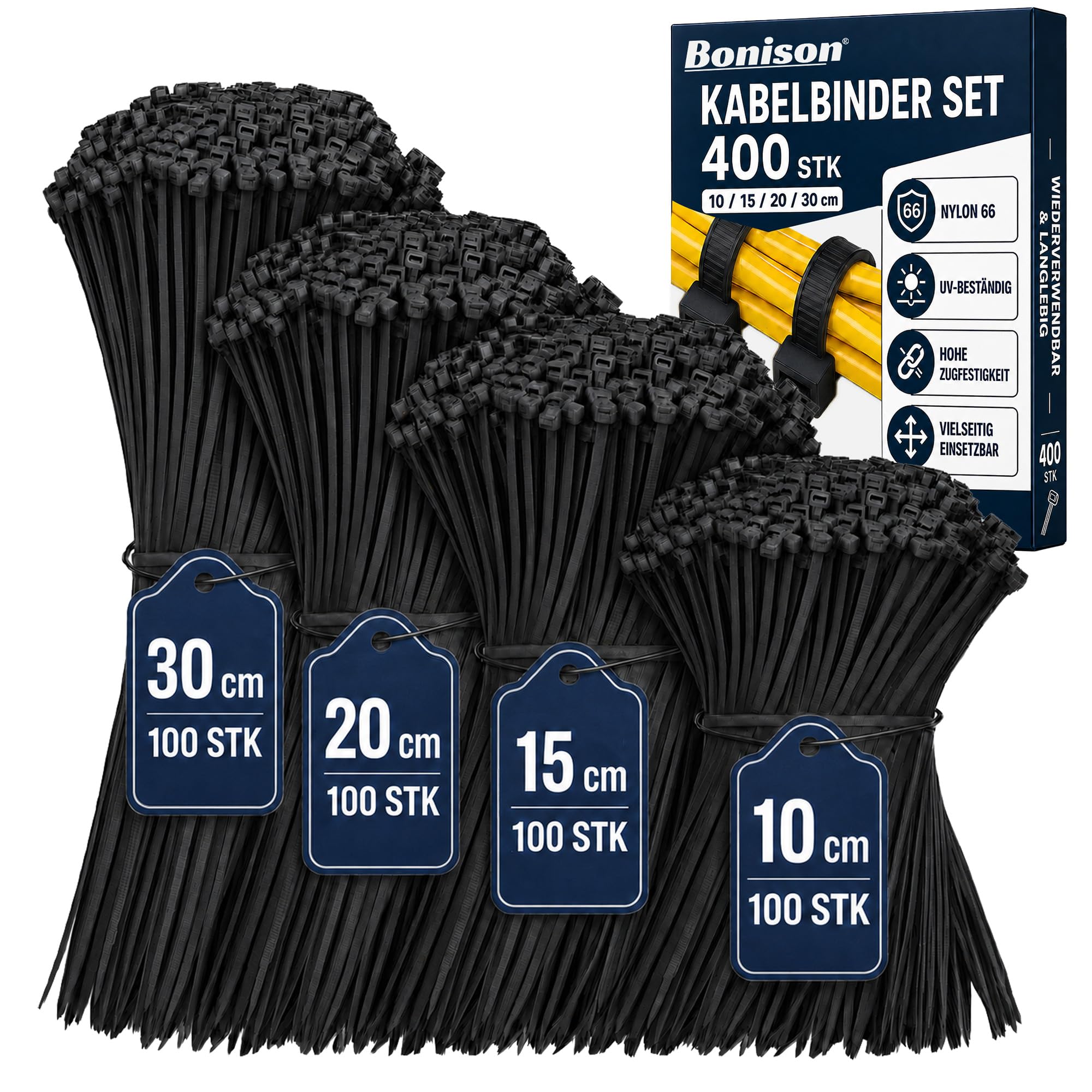100 Stück Kabelbinder Schwarz 300mm x 7,6mm – 75KG Zugfestigkeit, UV-beständig & Wetterfest, Extra starke Kabelbinder für Garten Werkstatt Kabelmanagement & Industrie