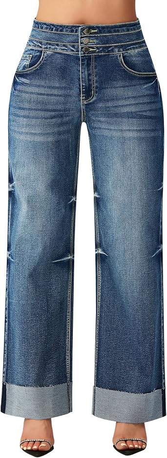 roswear Women's High Waisted Stretchy Wide Leg Jeans Cuffed Baggy Jeans Loose Denim Pants