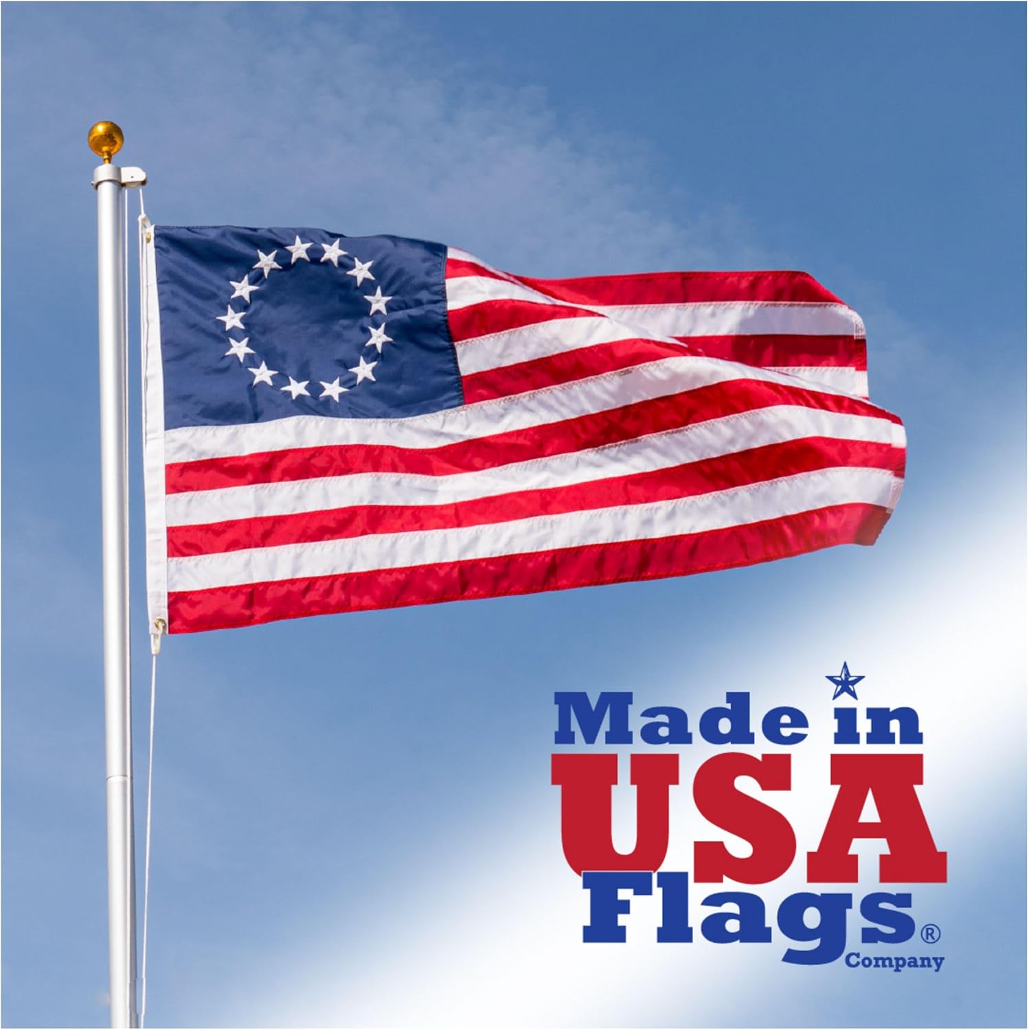 Made in USA Flags Co - 3x5 Betsy Ross Flag - 13 Star American Flag with All Weather SolarMax Nylon, Sewn Stripes & Embroidered Stars - FMAA Certified, US Made