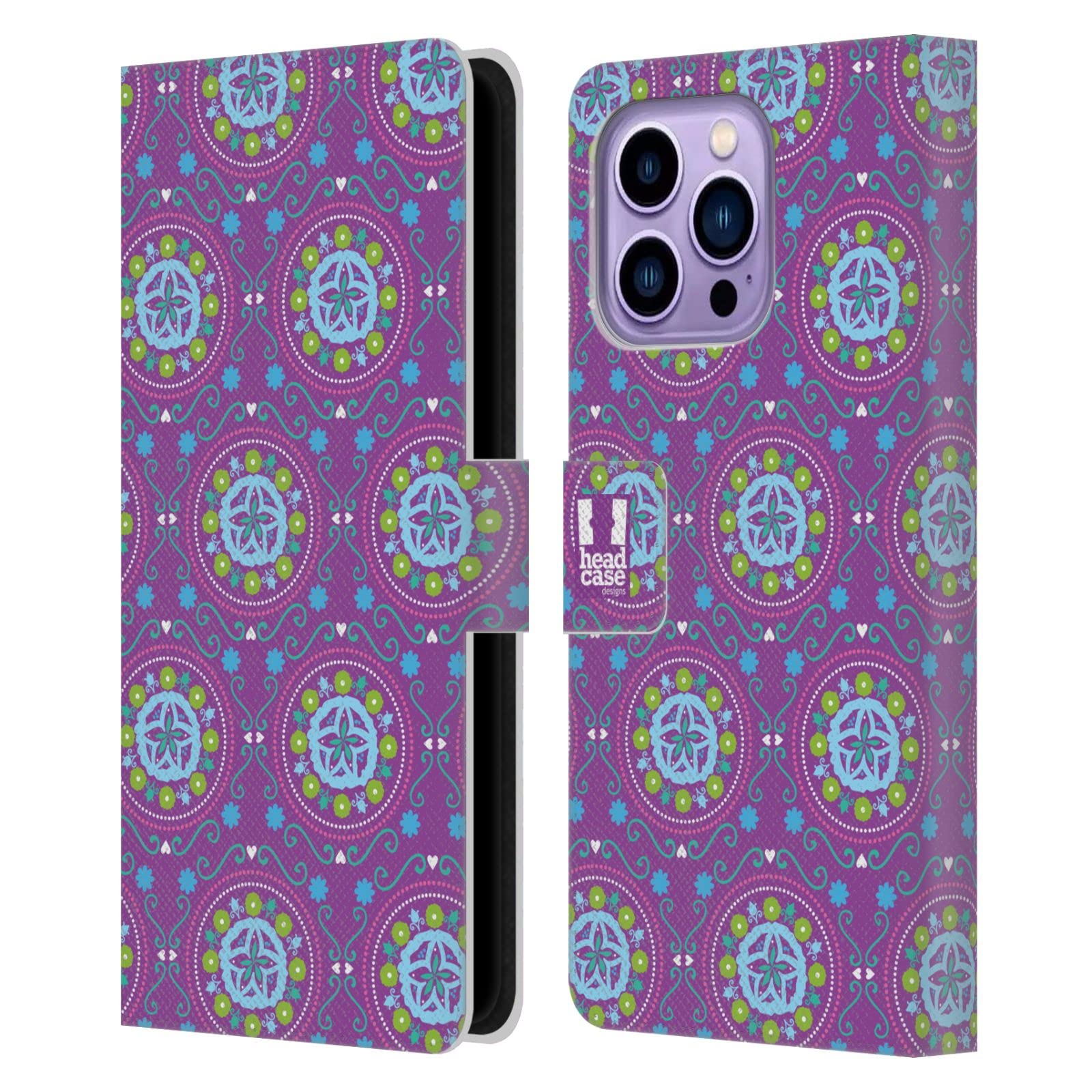 Funda tipo libro iPhone 14 Pro Max morada con estampado floral bohemio y tarjetero 7