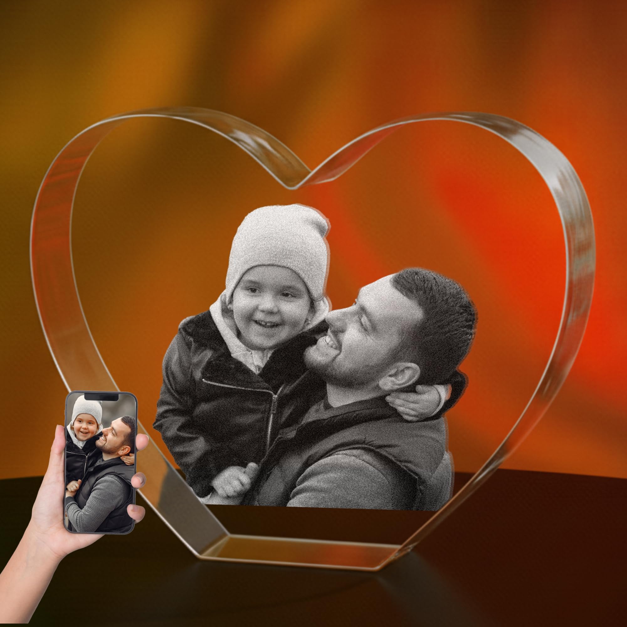 Print Maniacs Men's Crystal Clear 3D Crystal Photo, Personalised Gifts With Your Own Photo For Dad, Mom, Wo, 3D Laser Etched Picture, Engraved Heart Crystal, Customised Memorial Anniversary Couples Gifts