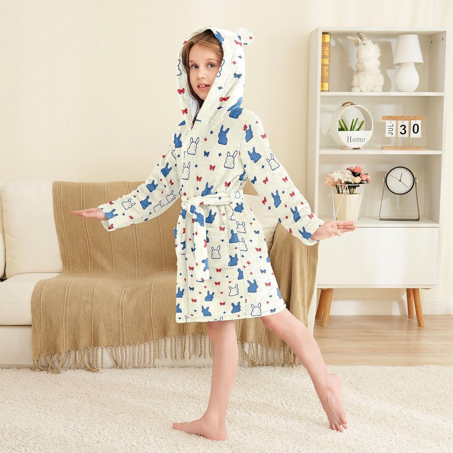 senya Cute Bunny Bow Red Toddler Hooded Bathrobe Kids Soft Plush Bath Towel Robes for Boys Girls 2-12 Years