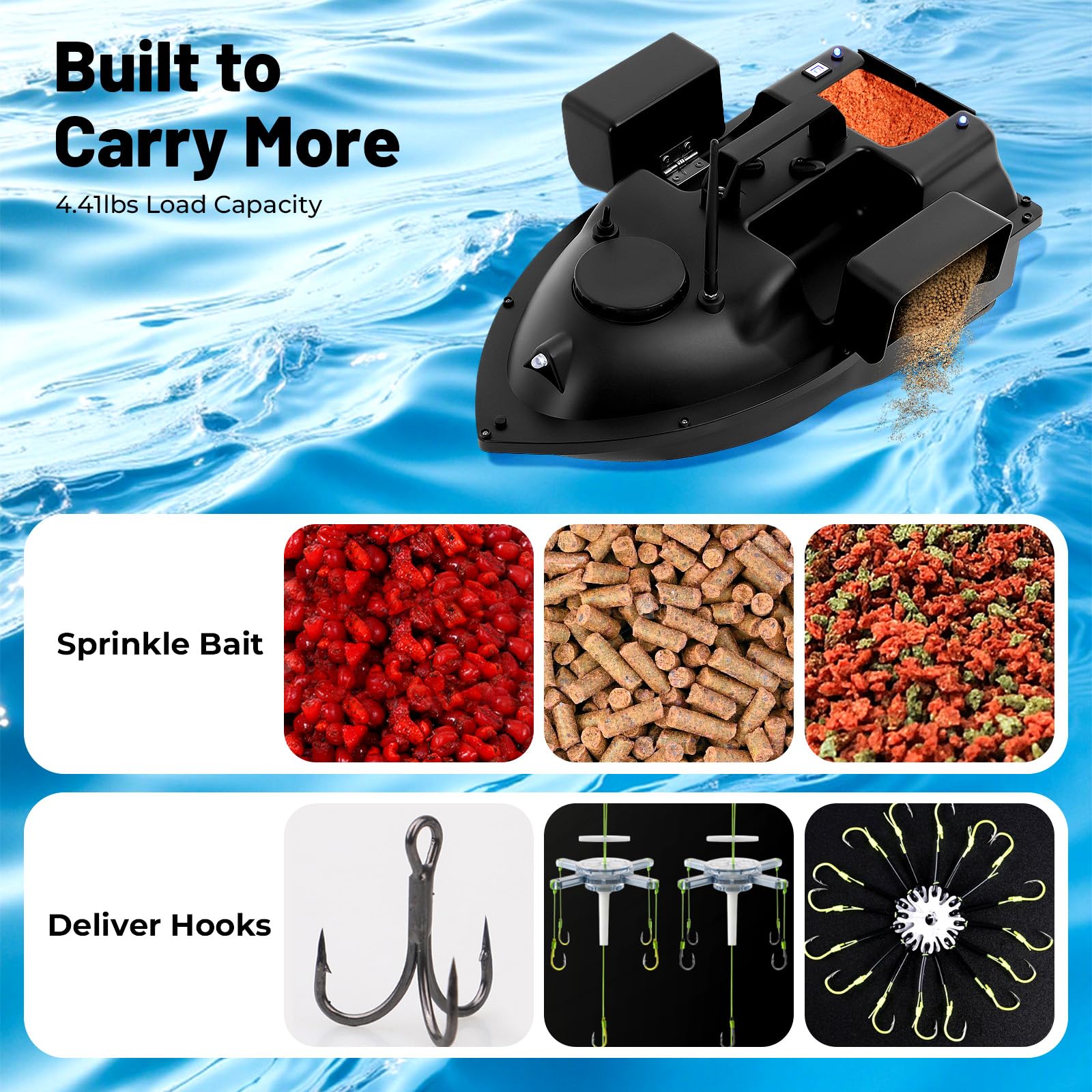 Barca telecomandata, Barca di Pesca, Pesca Carpa, Barche Esca Pesca Battle Boat Rc 500M, Barca Esca Pesca con Wireless, B-ateau Primer con 2 Motori (3 Silos Nero)