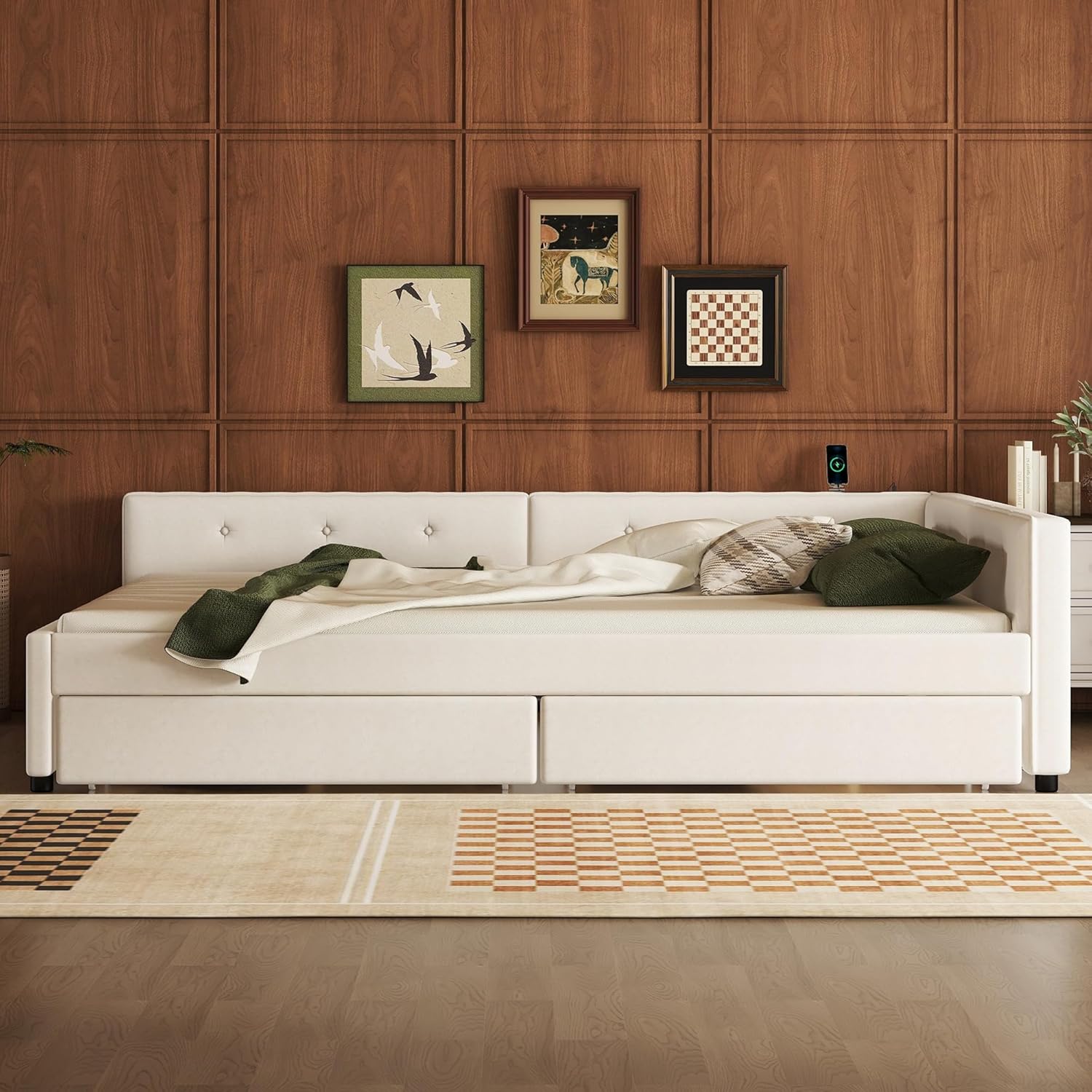Ball & Cast Queen Size Daybed with Storage Drawers,Linen Upholstered Bed Frame with Button Tufted Backrest and Armrests,L Shaped Day Bed with USB Port,Solid Wood Slats Support,Beige