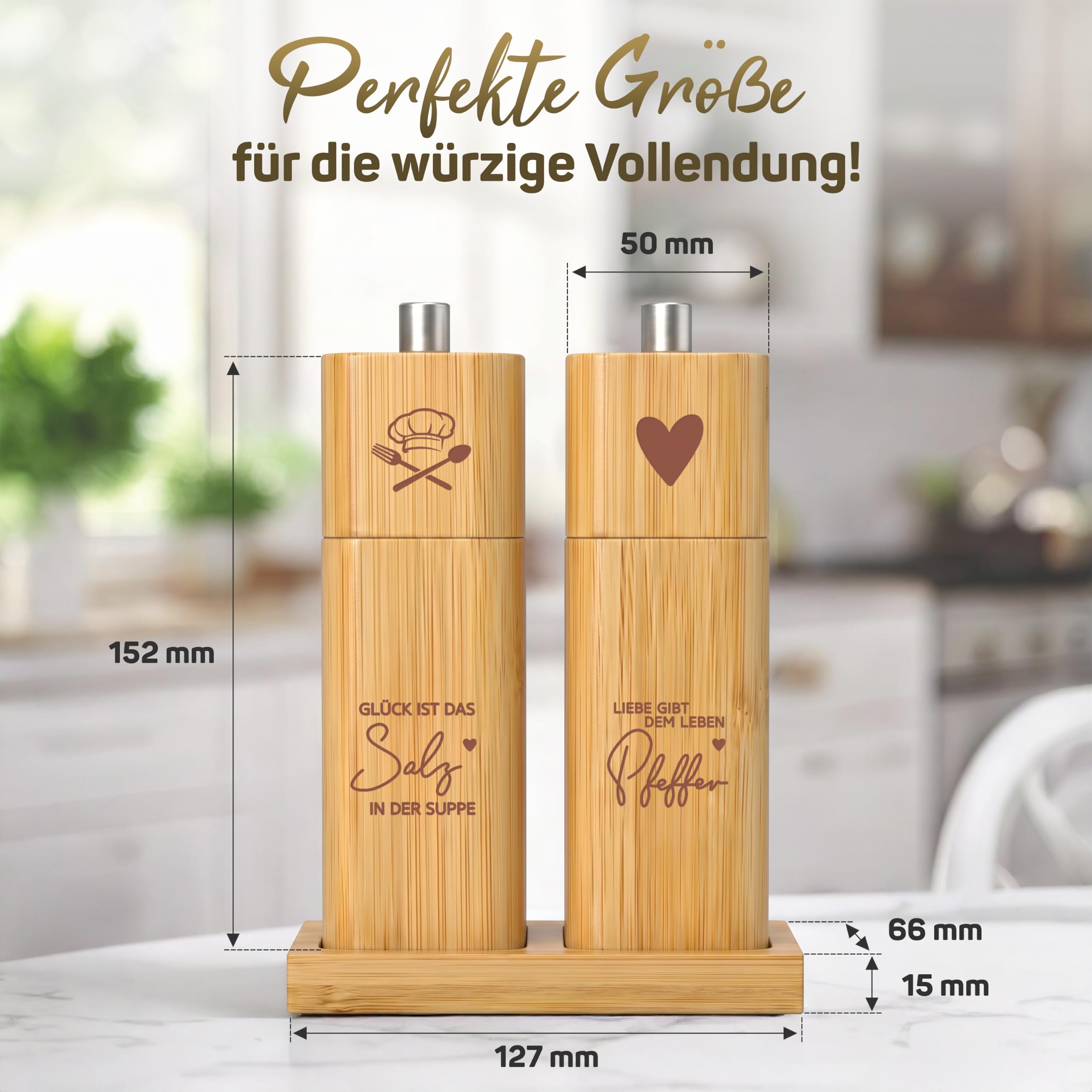 ELBFUCHS® Salz und Pfeffermühle Holz Groß [PERFEKTE GESCHENKIDEE] Liebevolles 2-er Set Pfeffer und Salzmühle mit Keramikmahlwerk | Ideal für Hölzerne Hochzeit Geschenk Einzug, Polterabend