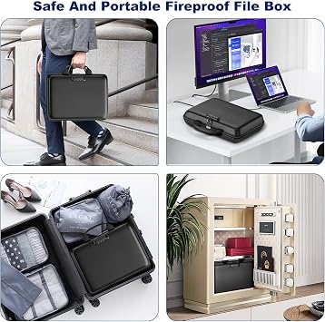 Fireproof Document Box, Hard Case Fireproof File Organizer with Lock and 13 Pocket Accordion File Folder, Portable Safe Box for Home Office Travel to Storage Important Documents Laptop Black