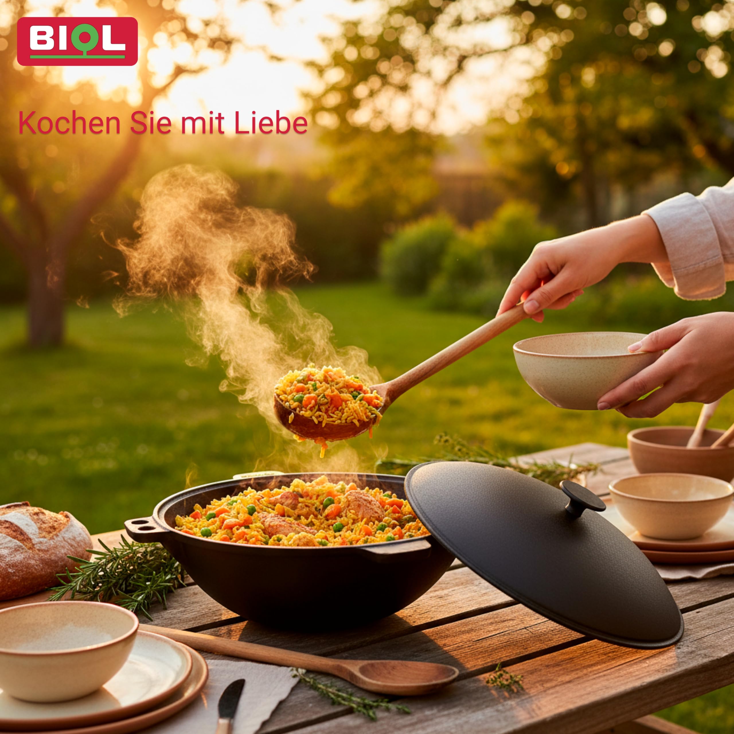 BIOL Kazan - Faitout en fonte - 9 l - Avec anse et couvercle en fonte - Quatre poignées - Pour cuisiner, mijoter, rôtir, frire, wok pour Plov, feu ouvert, camping, extérieur